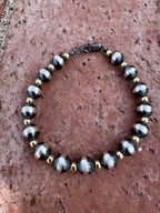 Handcrafted Patterned Gold Overlay & Sterling Silver Pearl 4 - 8mm Beaded Bracelet 7.5" - Che Cose Belle