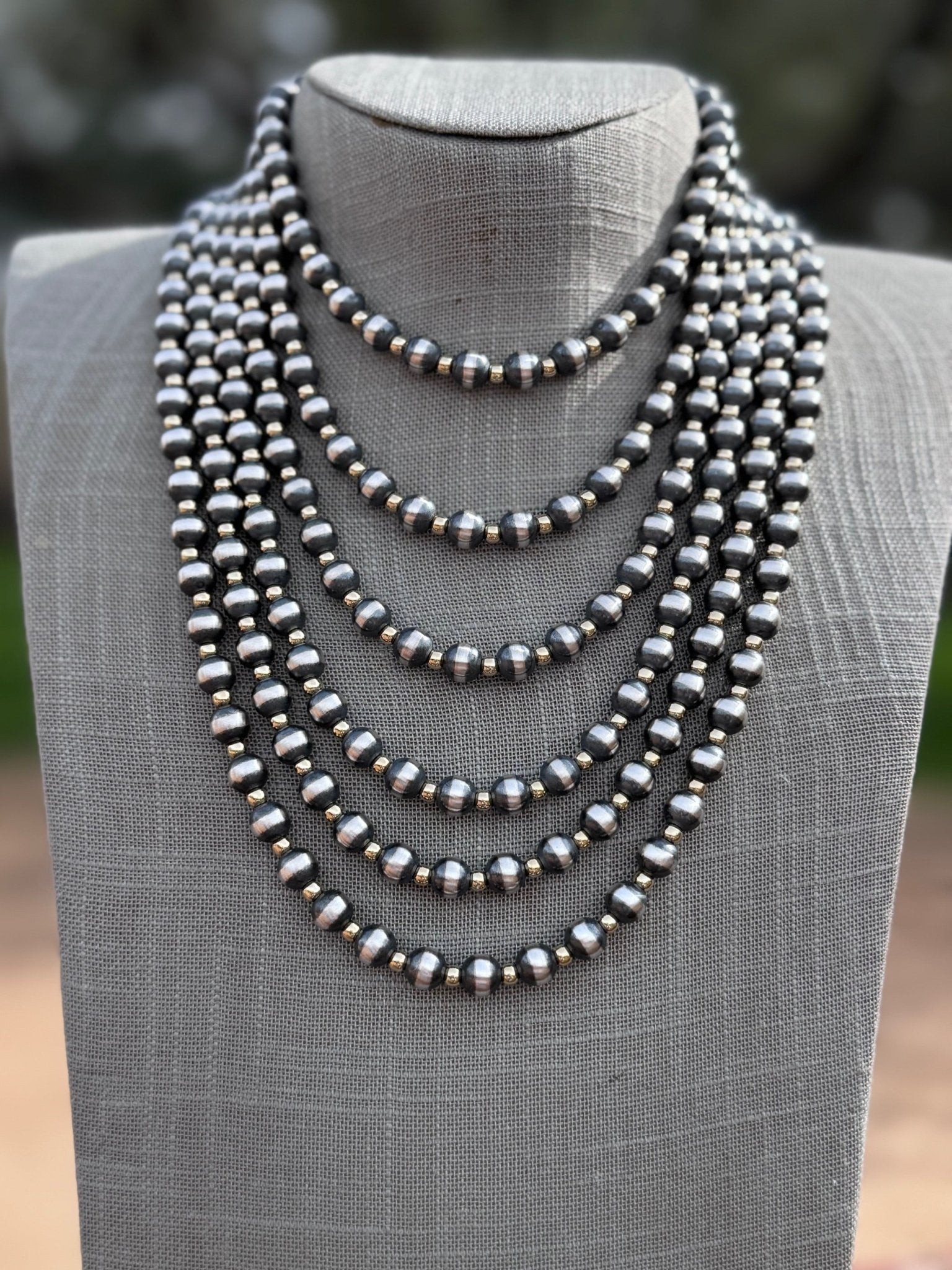 Handcrafted Patterned Gold Overlay & Sterling Silver Pearl 4 - 8mm Beaded Necklace - Che Cose Belle