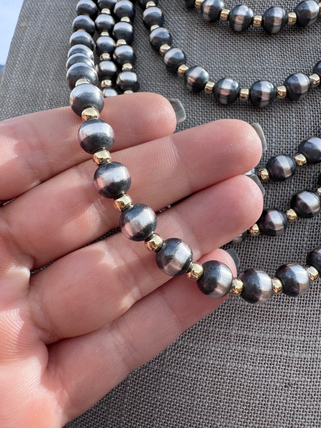 Handcrafted Patterned Gold Overlay & Sterling Silver Pearl 4 - 8mm Beaded Necklace - Che Cose Belle