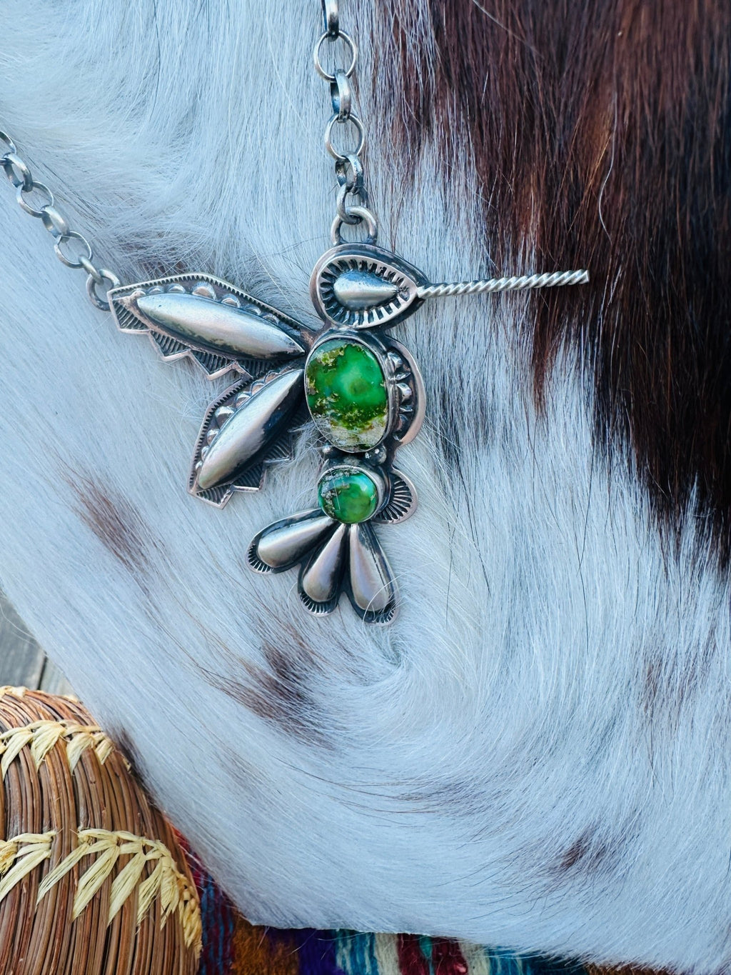 Handcrafted Sonoran Gold Turquoise & Sterling Silver Hummingbird Necklace by Charles Johnson - Che Cose Belle