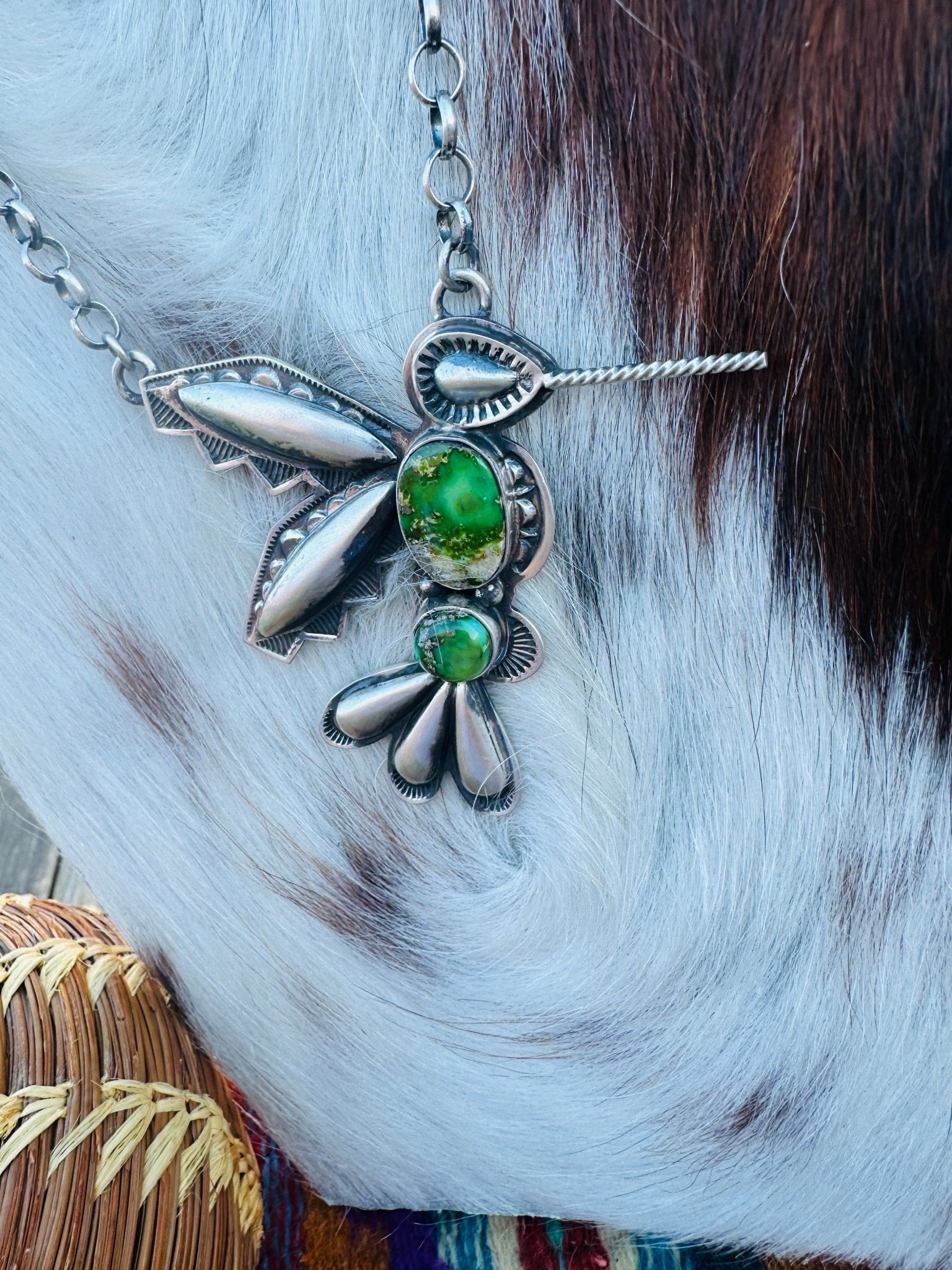 Handcrafted Sonoran Gold Turquoise & Sterling Silver Hummingbird Necklace by Charles Johnson - Che Cose Belle