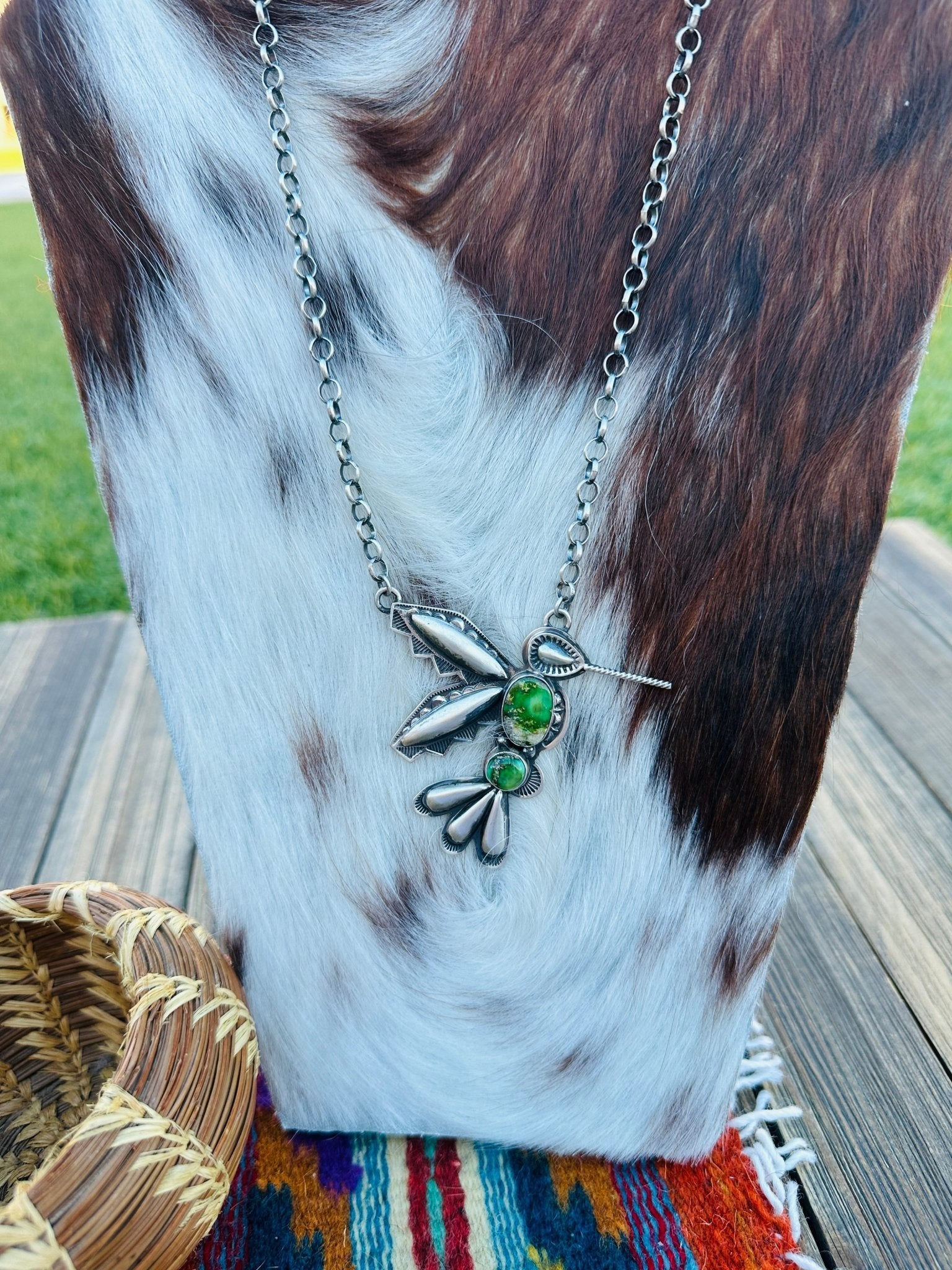 Handcrafted Sonoran Gold Turquoise & Sterling Silver Hummingbird Necklace by Charles Johnson - Che Cose Belle