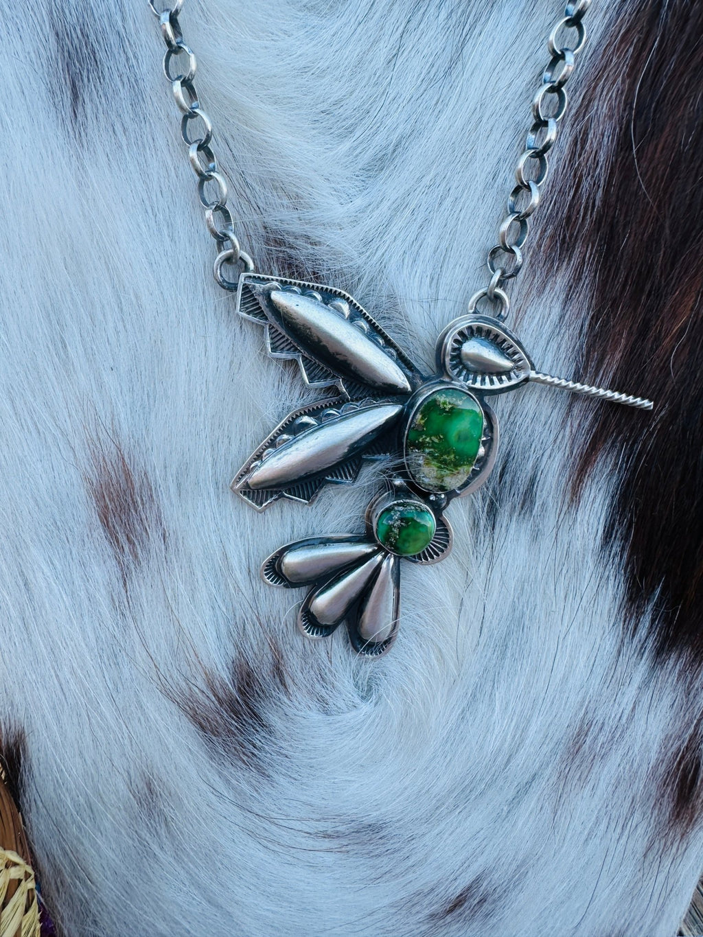 Handcrafted Sonoran Gold Turquoise & Sterling Silver Hummingbird Necklace by Charles Johnson - Che Cose Belle