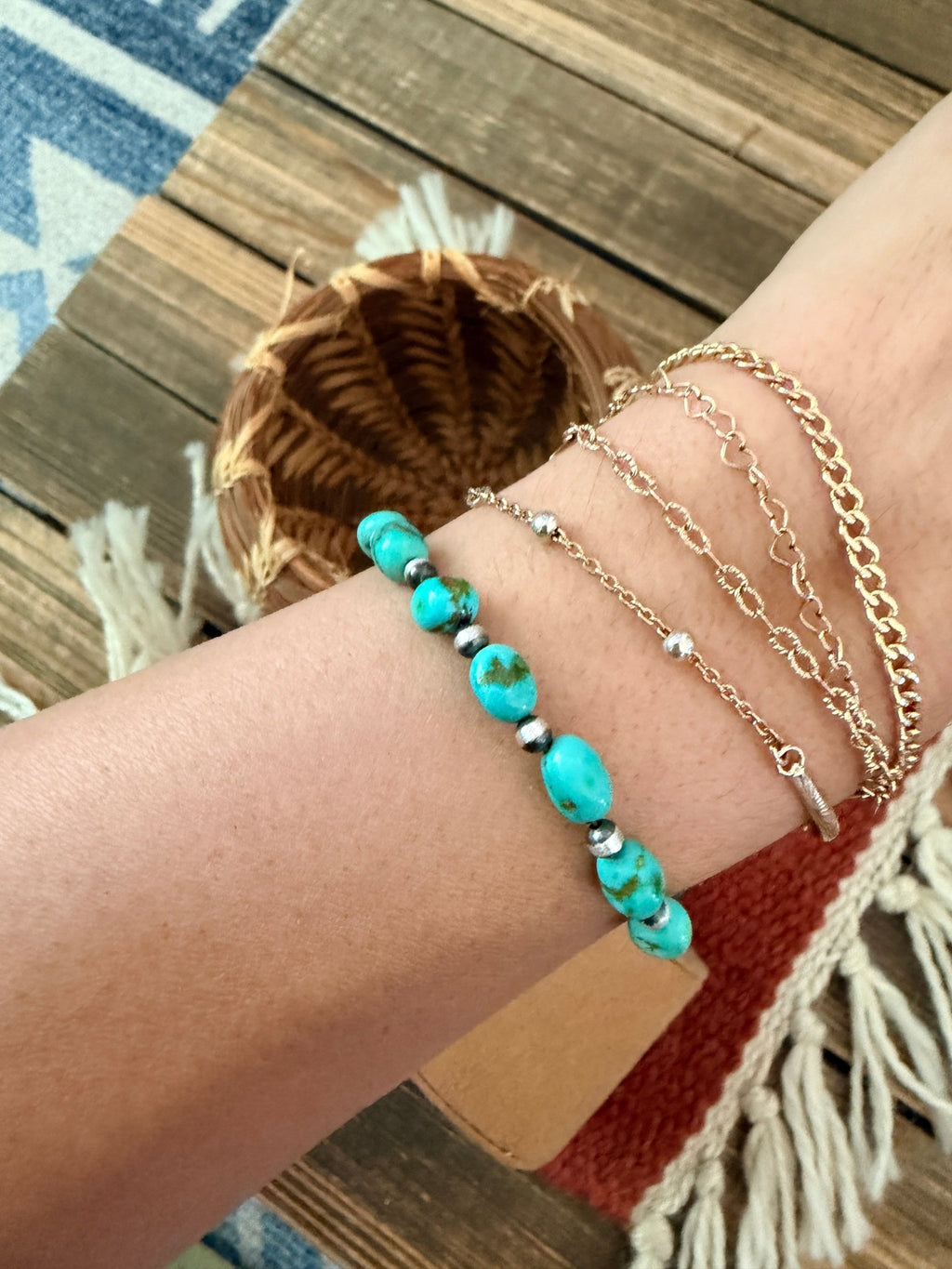 Handcrafted Sonoran Gold Turquoise & Sterling Silver Pearl Beaded Bracele - Che Cose Belle