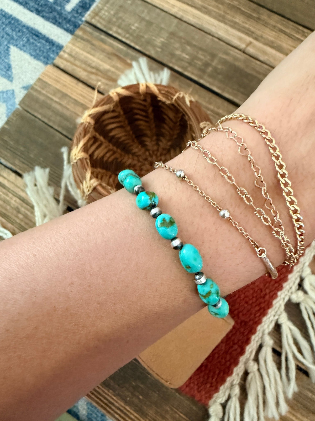 Handcrafted Sonoran Gold Turquoise & Sterling Silver Pearl Beaded Bracele - Che Cose Belle