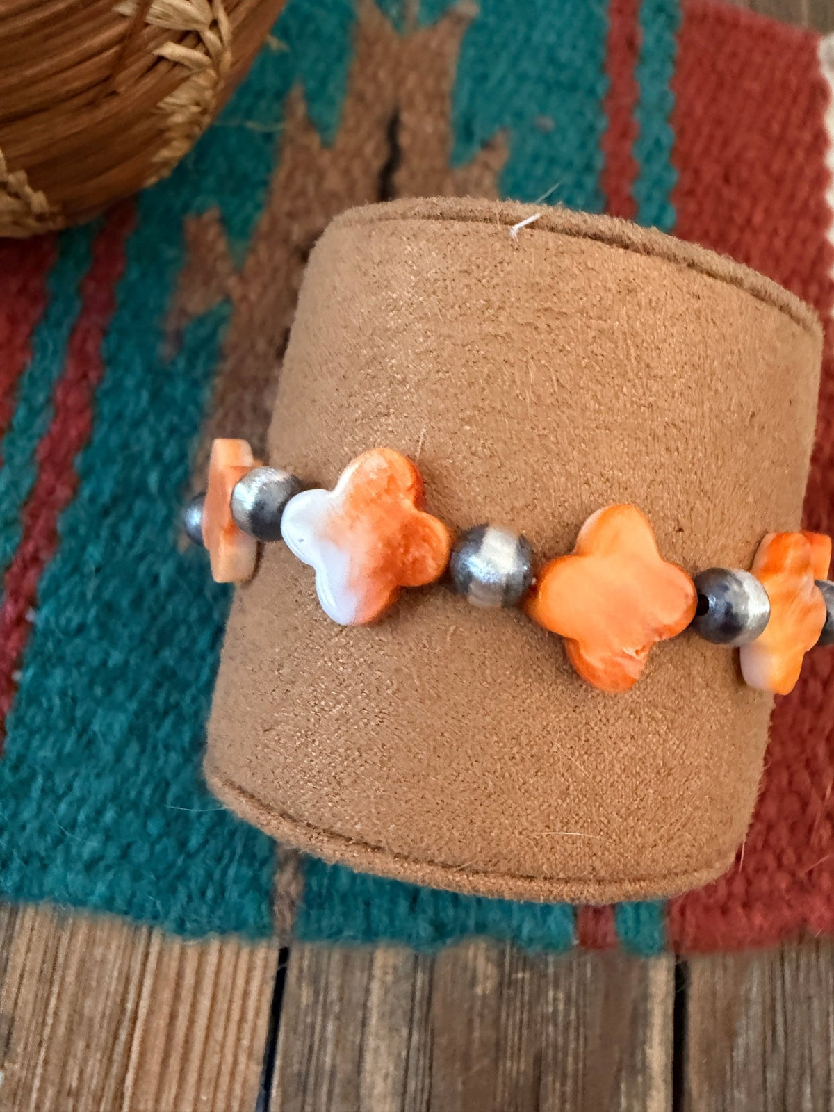 Handcrafted Spiny Oyster & Sterling Silver Pearl Cross Beaded Stretch Bracelet - Che Cose Belle