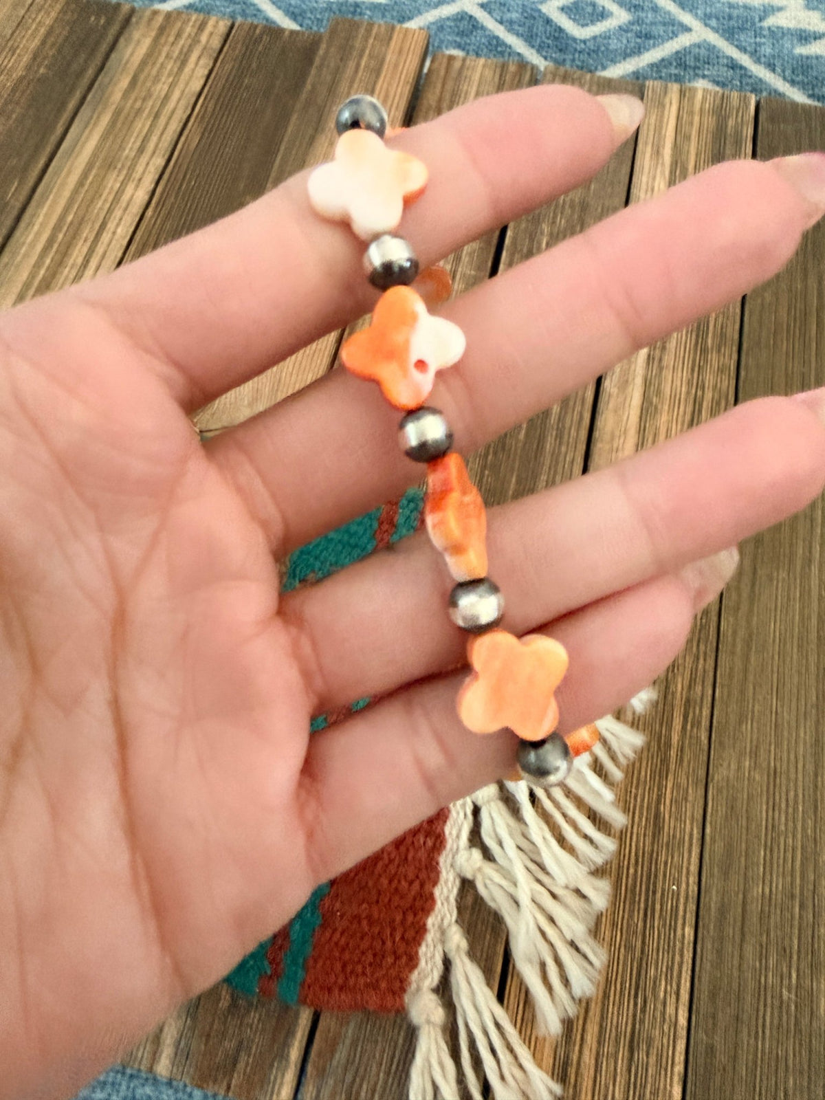 Handcrafted Spiny Oyster & Sterling Silver Pearl Cross Beaded Stretch Bracelet - Che Cose Belle