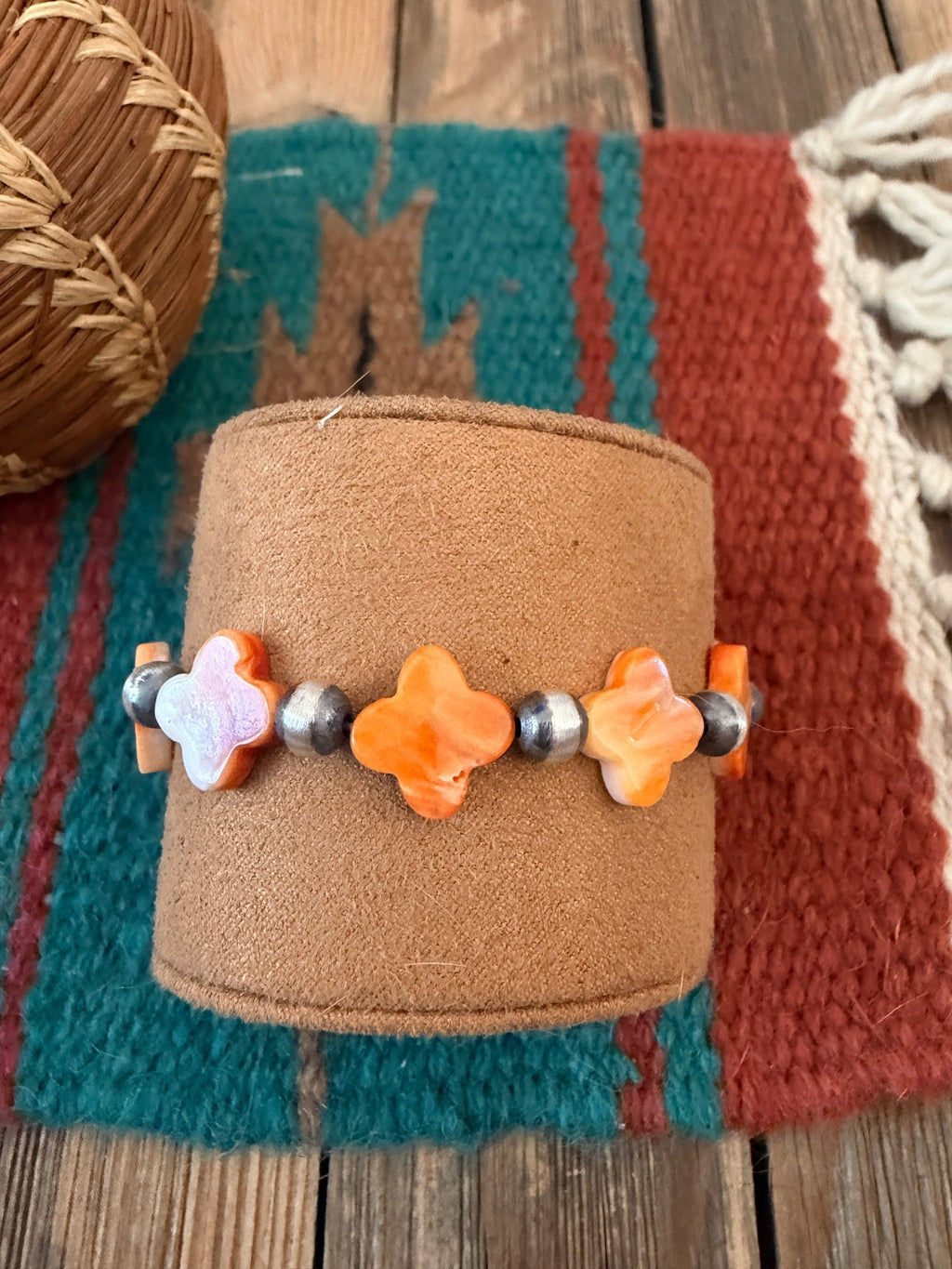 Handcrafted Spiny Oyster & Sterling Silver Pearl Cross Beaded Stretch Bracelet - Che Cose Belle