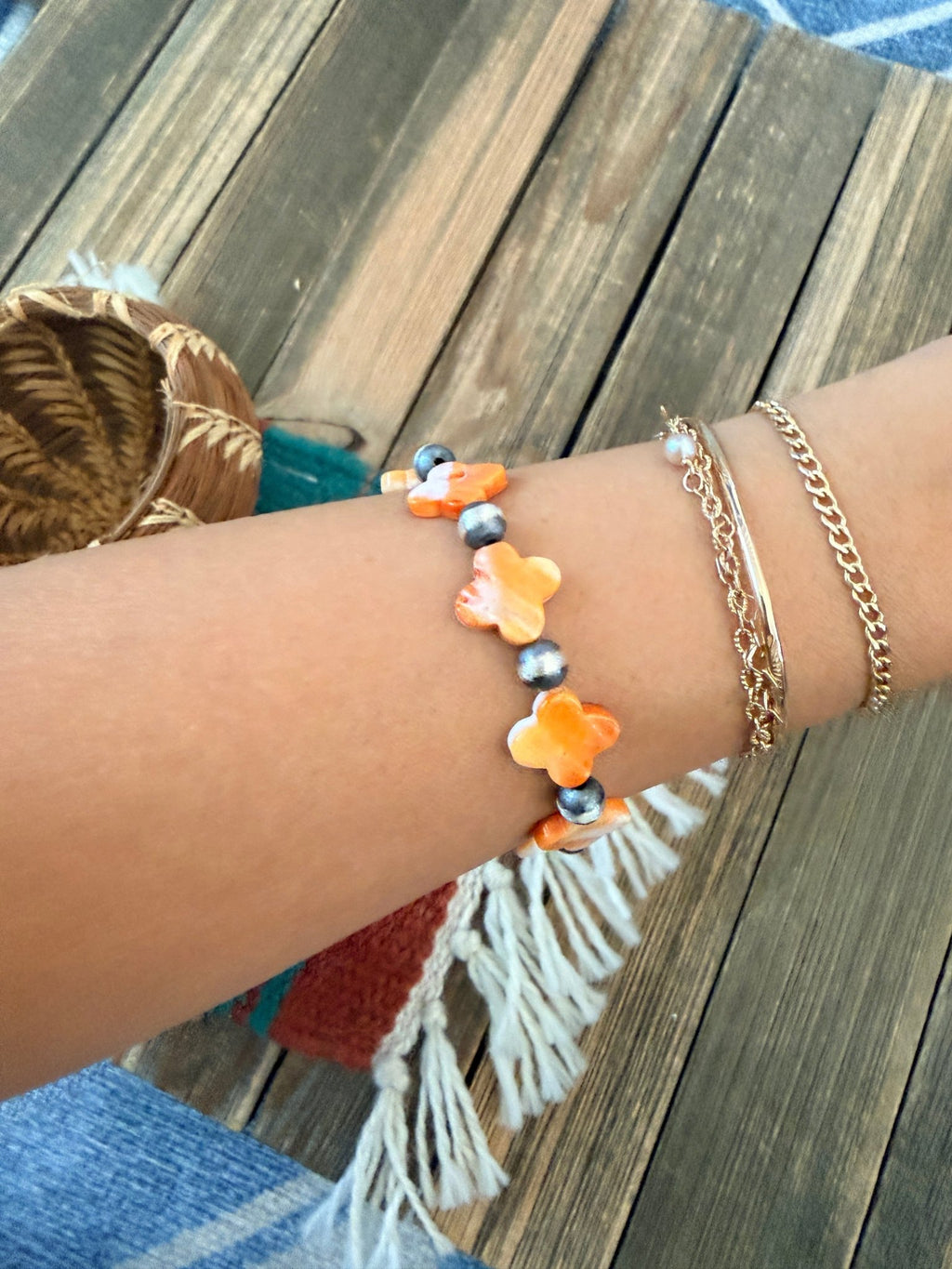 Handcrafted Spiny Oyster & Sterling Silver Pearl Cross Beaded Stretch Bracelet - Che Cose Belle