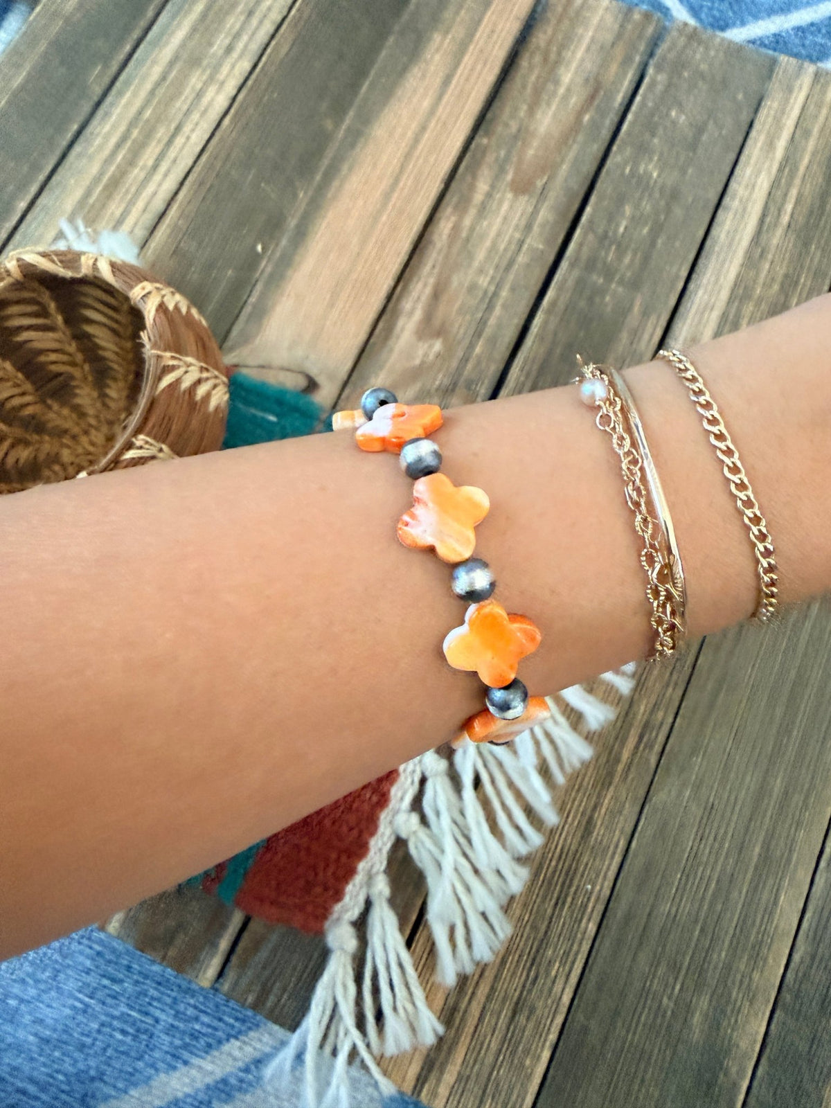 Handcrafted Spiny Oyster & Sterling Silver Pearl Cross Beaded Stretch Bracelet - Che Cose Belle