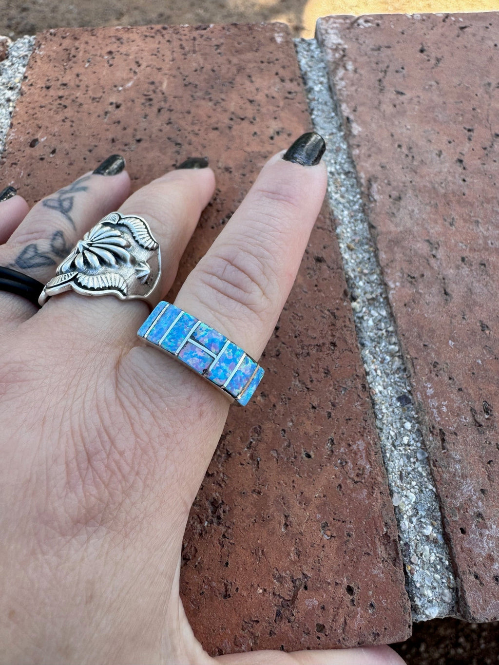 Handcrafted Sterling Silver & Blue Fire Opal Inlay Band Ring - Che Cose Belle