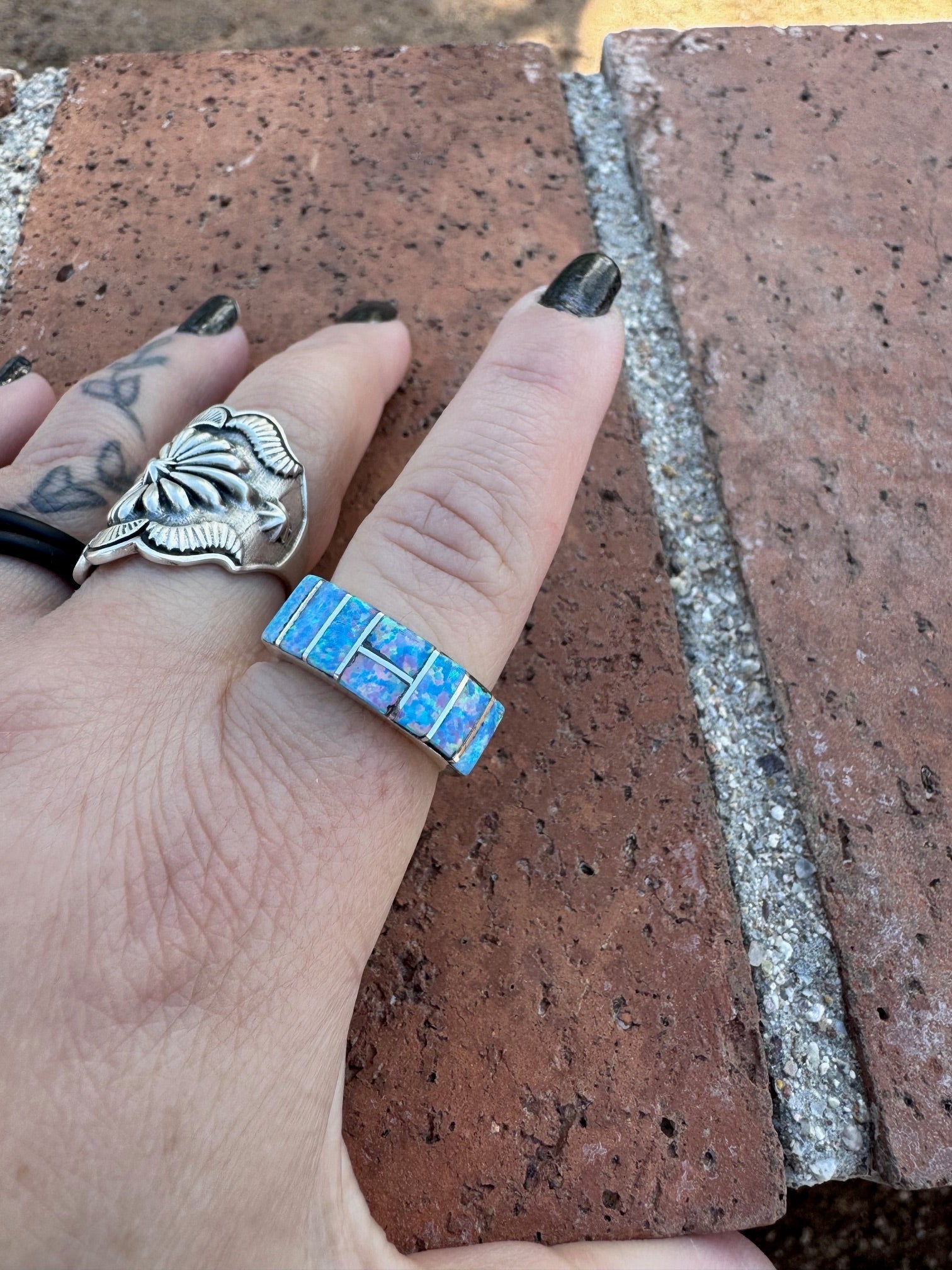 Handcrafted Sterling Silver & Blue Fire Opal Inlay Band Ring - Che Cose Belle