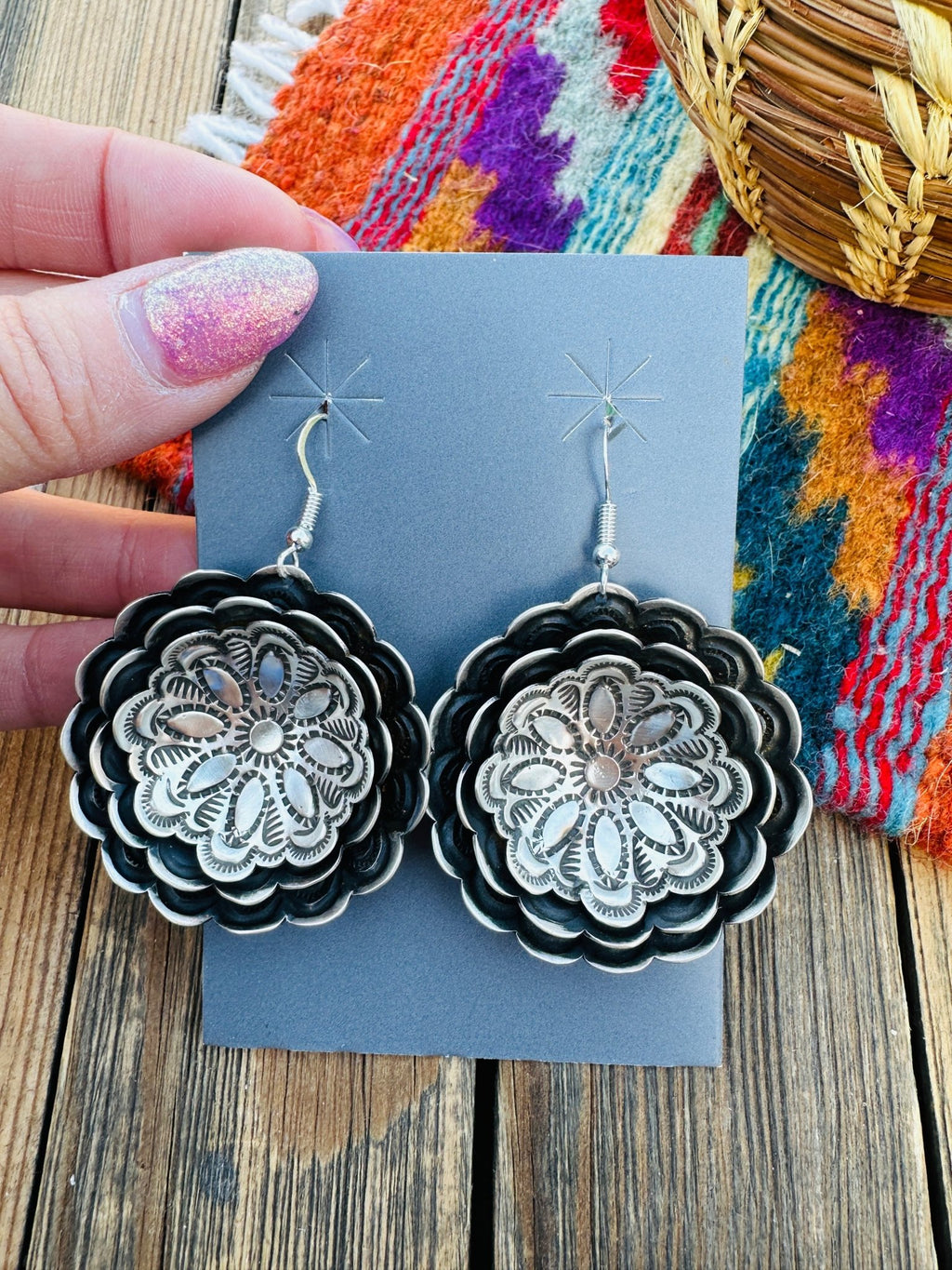 Handcrafted Sterling Silver Concho Dangle Earrings by Leander Tahe - Che Cose Belle