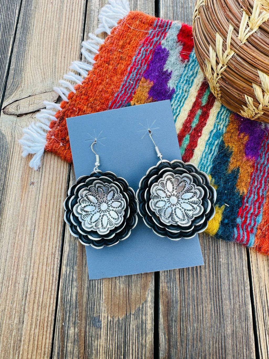 Handcrafted Sterling Silver Concho Dangle Earrings by Leander Tahe - Che Cose Belle