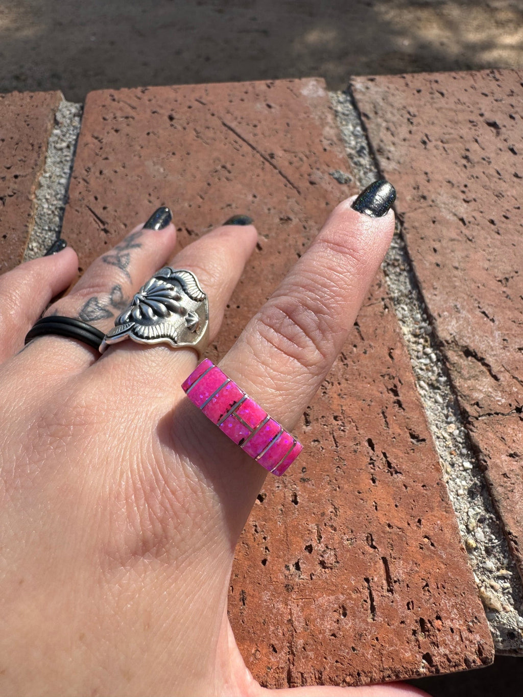 Handcrafted Sterling Silver & Hot Pink Fire Opal Inlay Band Ring - Che Cose Belle