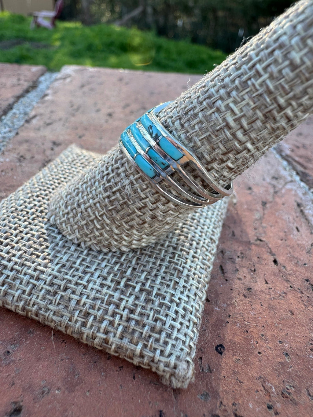 Handcrafted Sterling Silver & Kingman Turquoise Inlay 3 Row Stacker Ring - Che Cose Belle