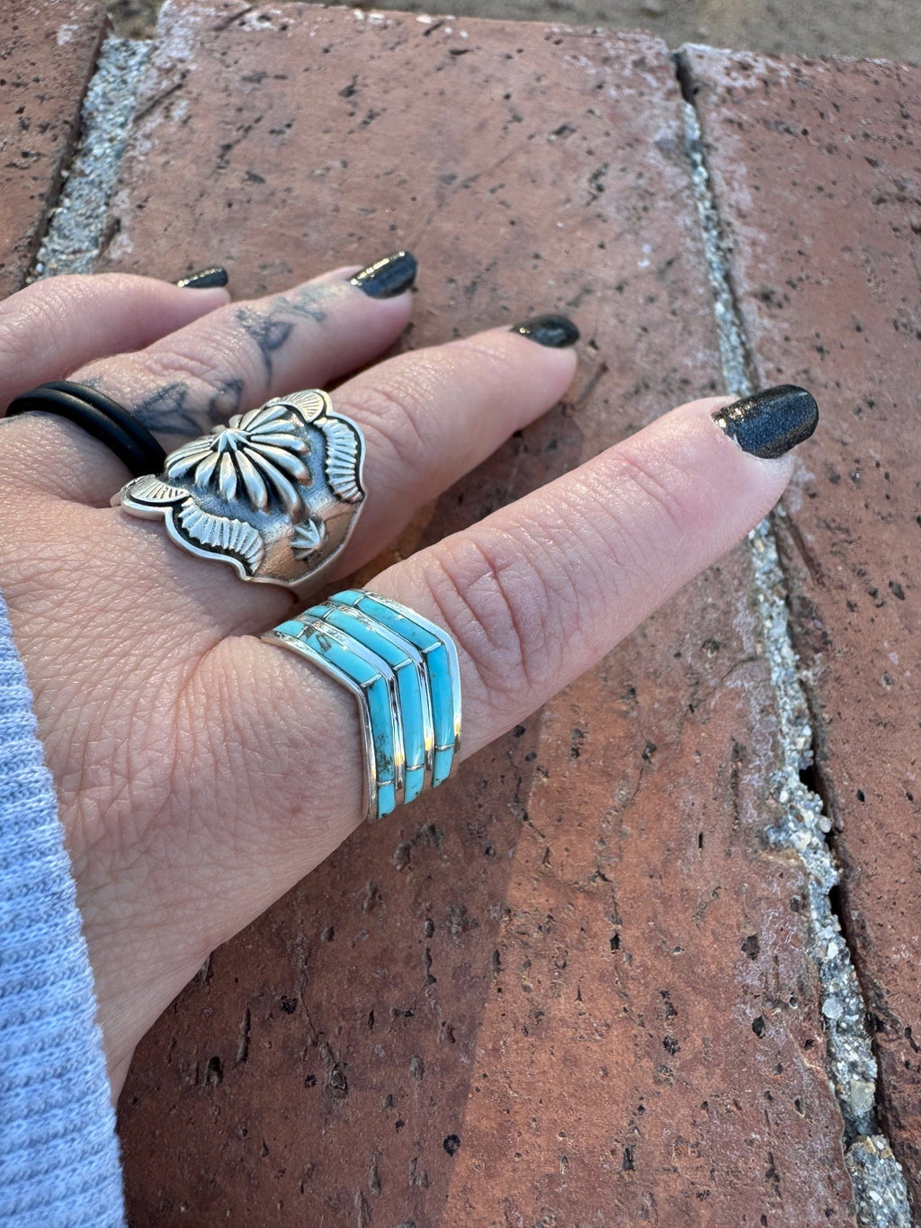 Handcrafted Sterling Silver & Kingman Turquoise Inlay 3 Row Stacker Ring - Che Cose Belle