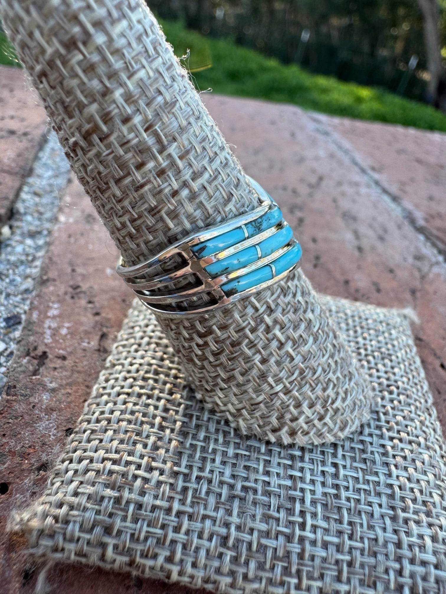 Handcrafted Sterling Silver & Kingman Turquoise Inlay 3 Row Stacker Ring - Che Cose Belle
