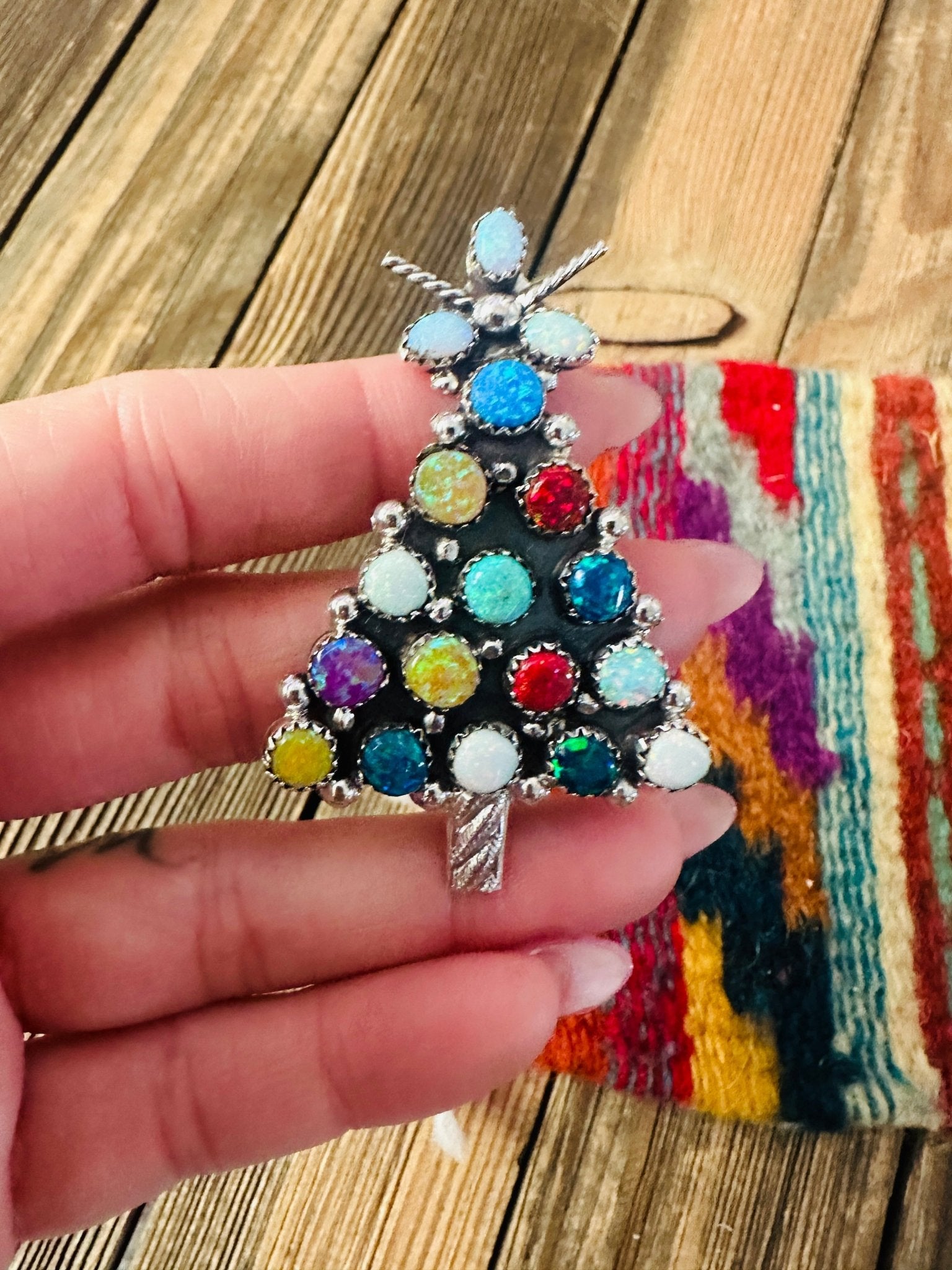 Handcrafted Sterling Silver & Multicolor Opal Christmas Tree Brooch - Che Cose Belle