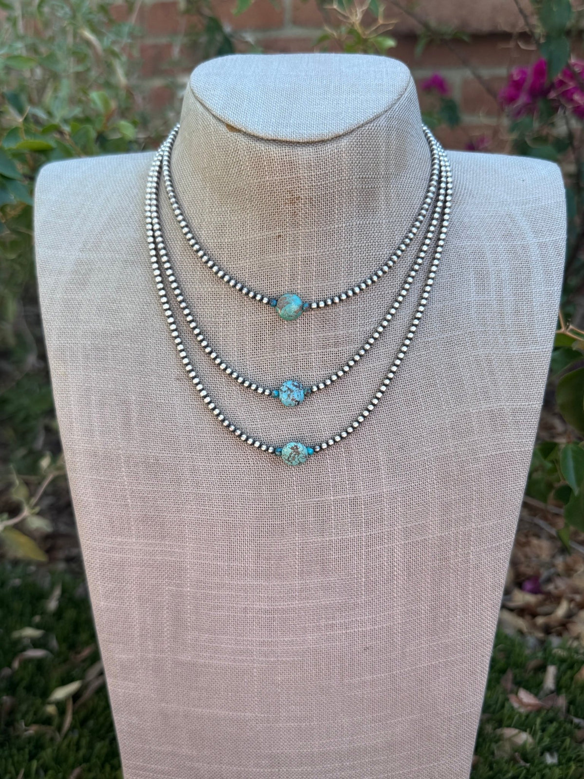 Handcrafted Sterling Silver & Pillow Turquoise 3mm Beaded Necklace - Che Cose Belle