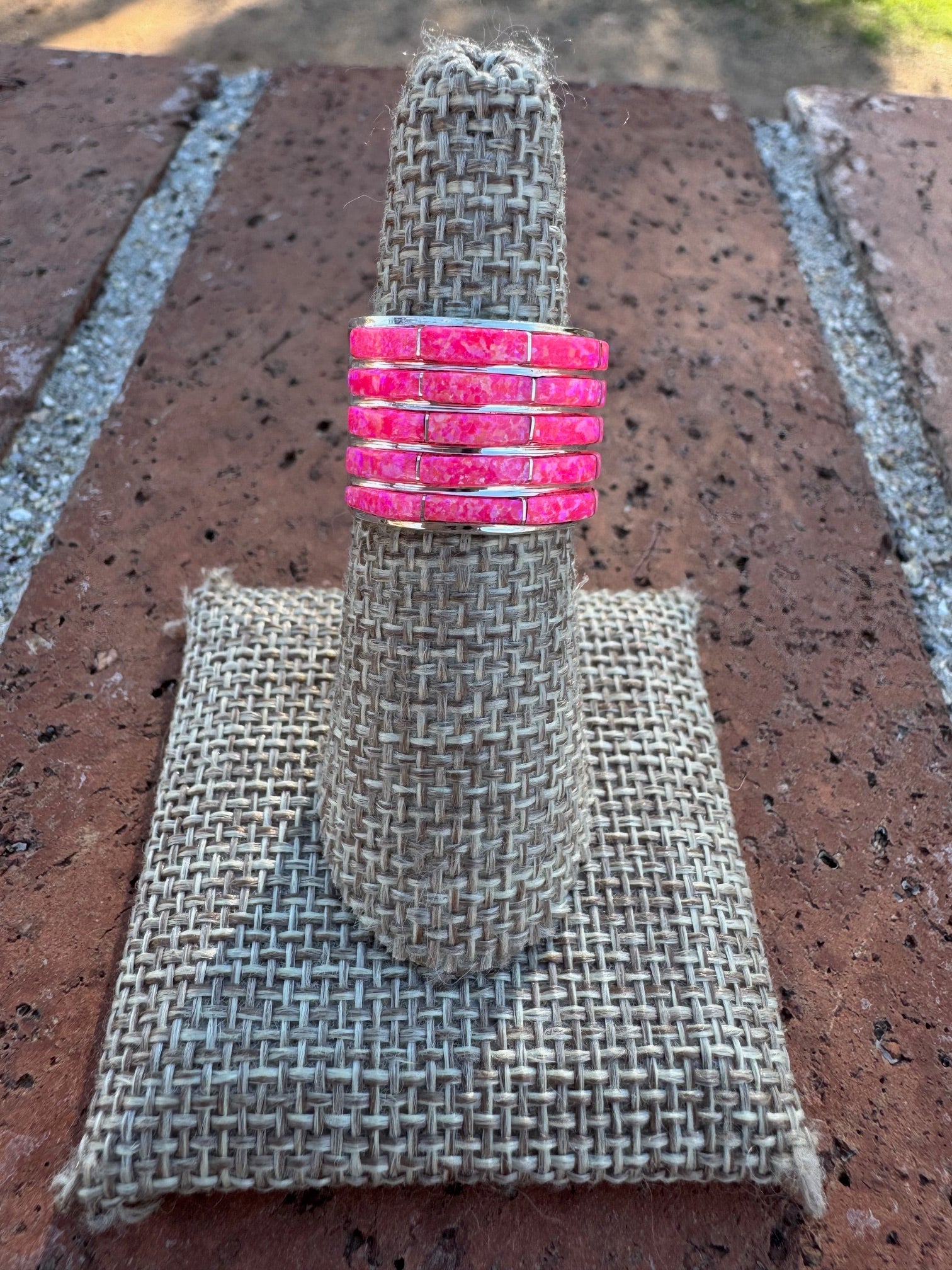 Handcrafted Sterling Silver & Pink Opal Inlay 5 Row Stacker Ring - Che Cose Belle