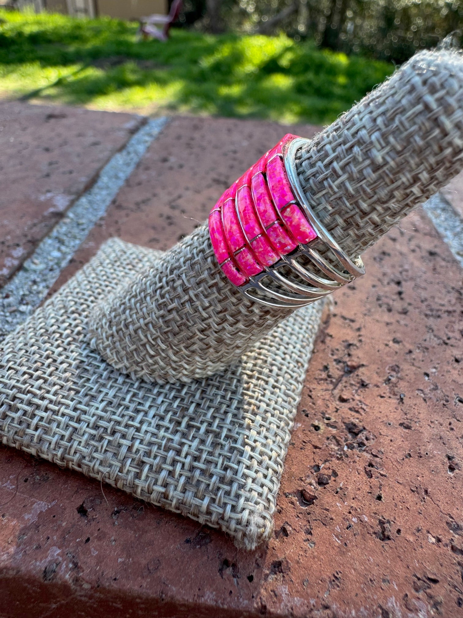 Handcrafted Sterling Silver & Pink Opal Inlay 5 Row Stacker Ring - Che Cose Belle