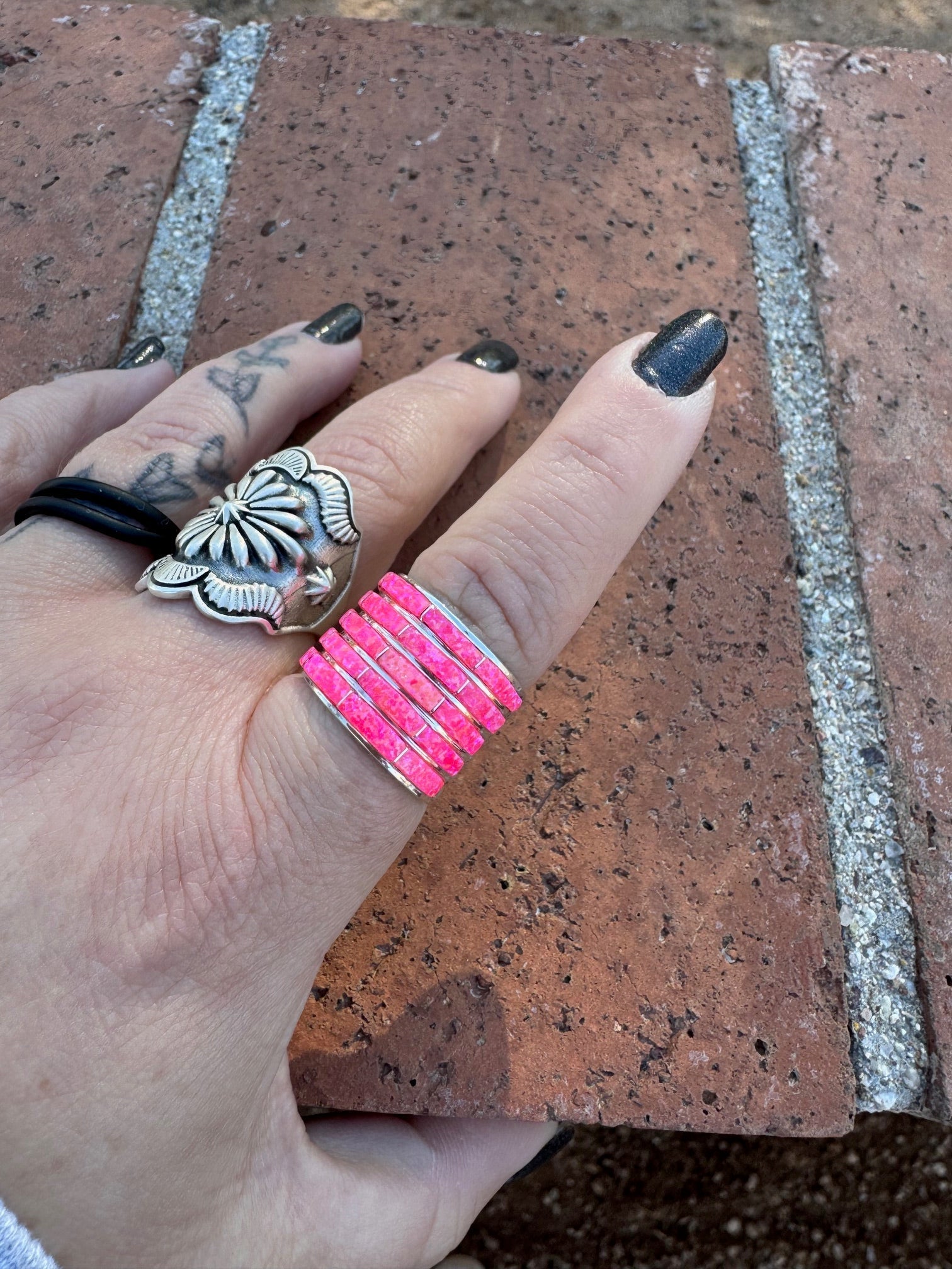 Handcrafted Sterling Silver & Pink Opal Inlay 5 Row Stacker Ring - Che Cose Belle
