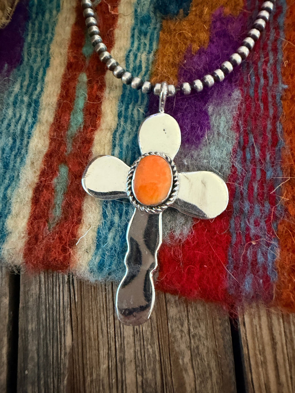 Handcrafted Sterling Silver & Spiny Oyster Cross Pendant by Joseph Martinez - Che Cose Belle