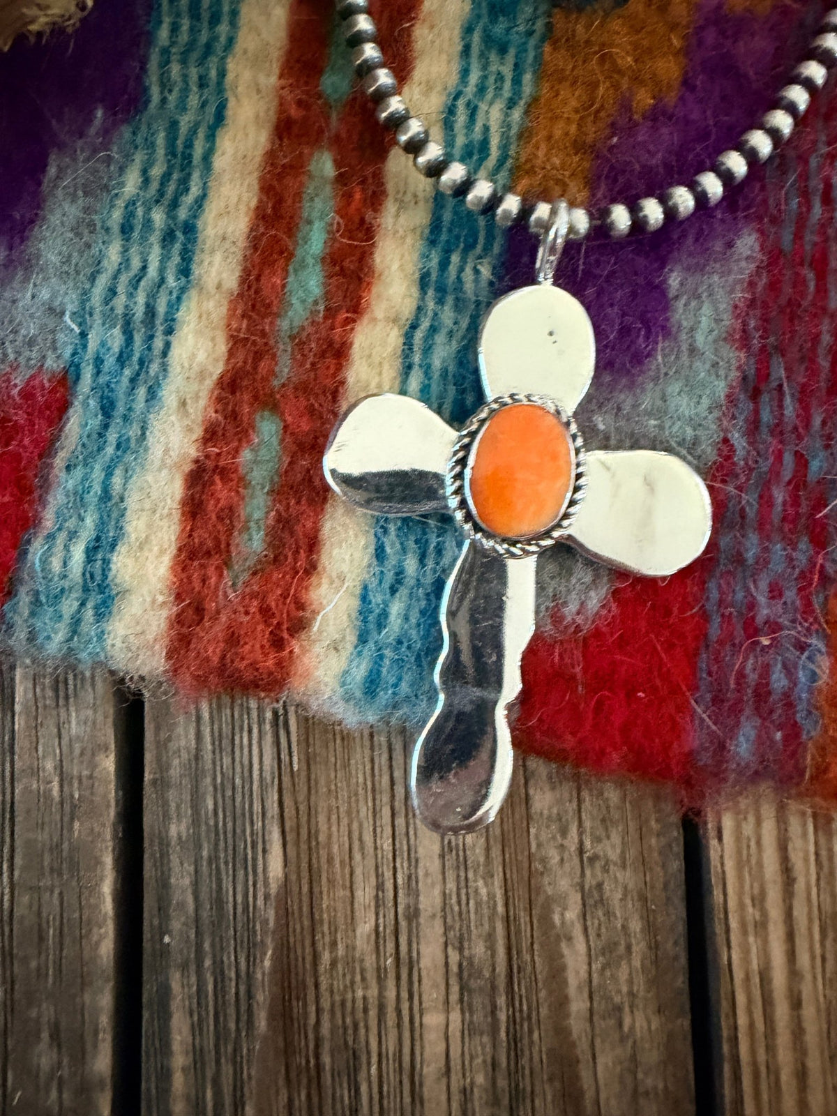 Handcrafted Sterling Silver & Spiny Oyster Cross Pendant by Joseph Martinez - Che Cose Belle
