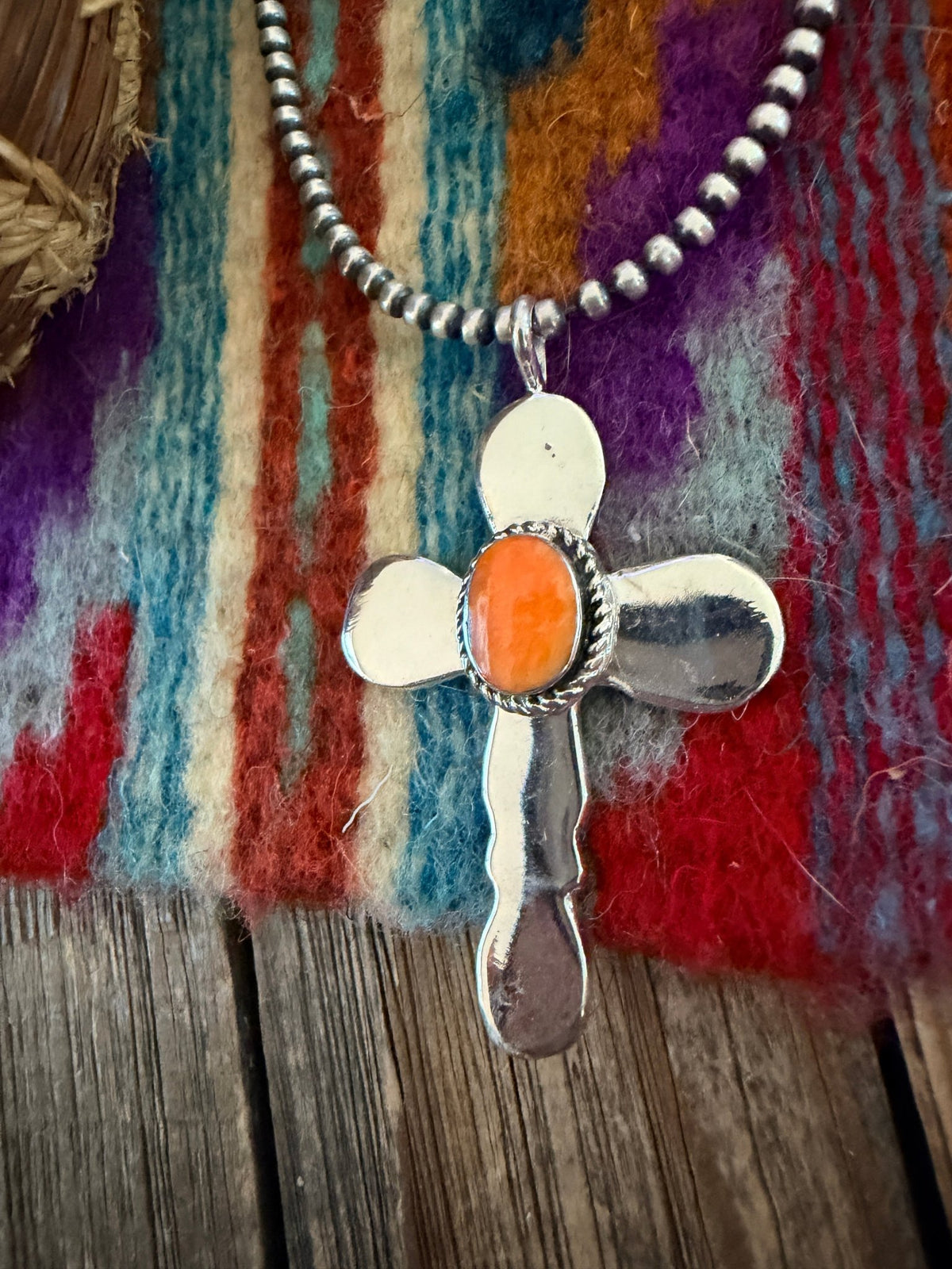 Handcrafted Sterling Silver & Spiny Oyster Cross Pendant by Joseph Martinez - Che Cose Belle