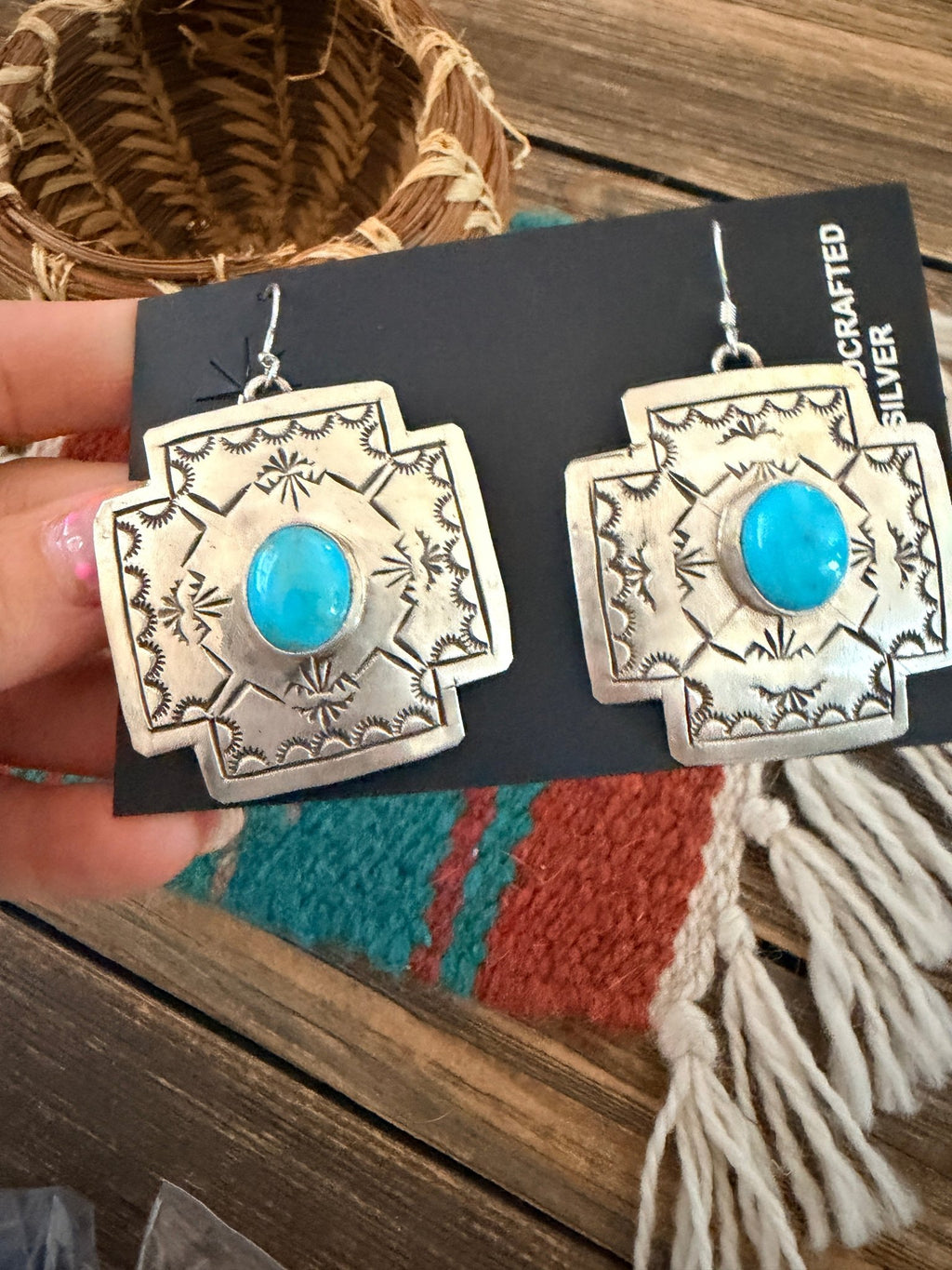 Handcrafted Sterling Silver & Turquoise Concho Cross Dangle Earrings - Che Cose Belle