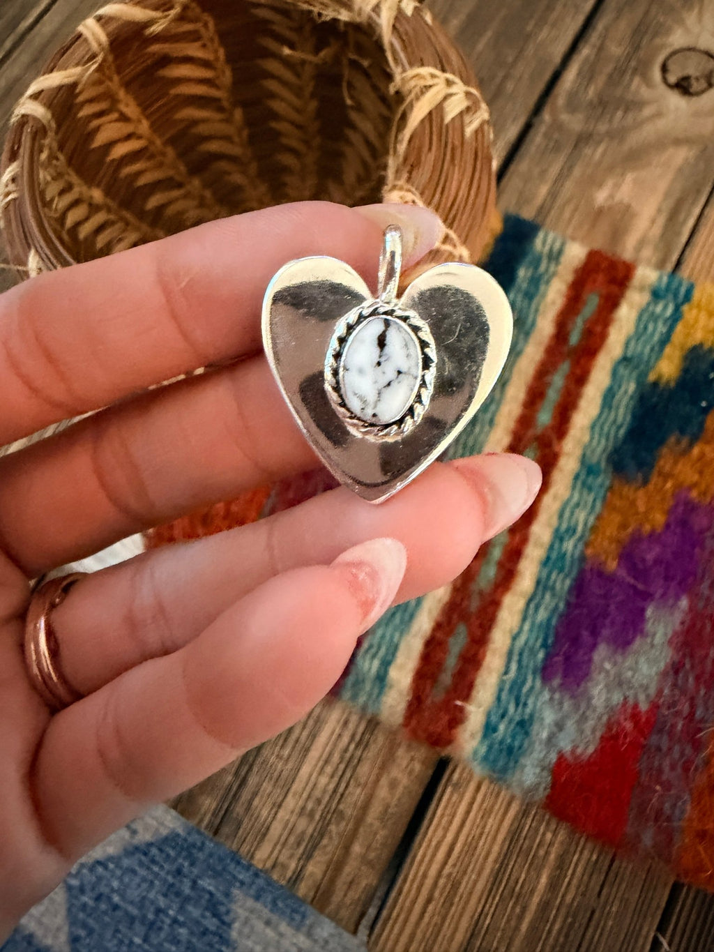 Handcrafted Sterling Silver & White Buffalo Heart Pendant by Joseph Martinez - Che Cose Belle