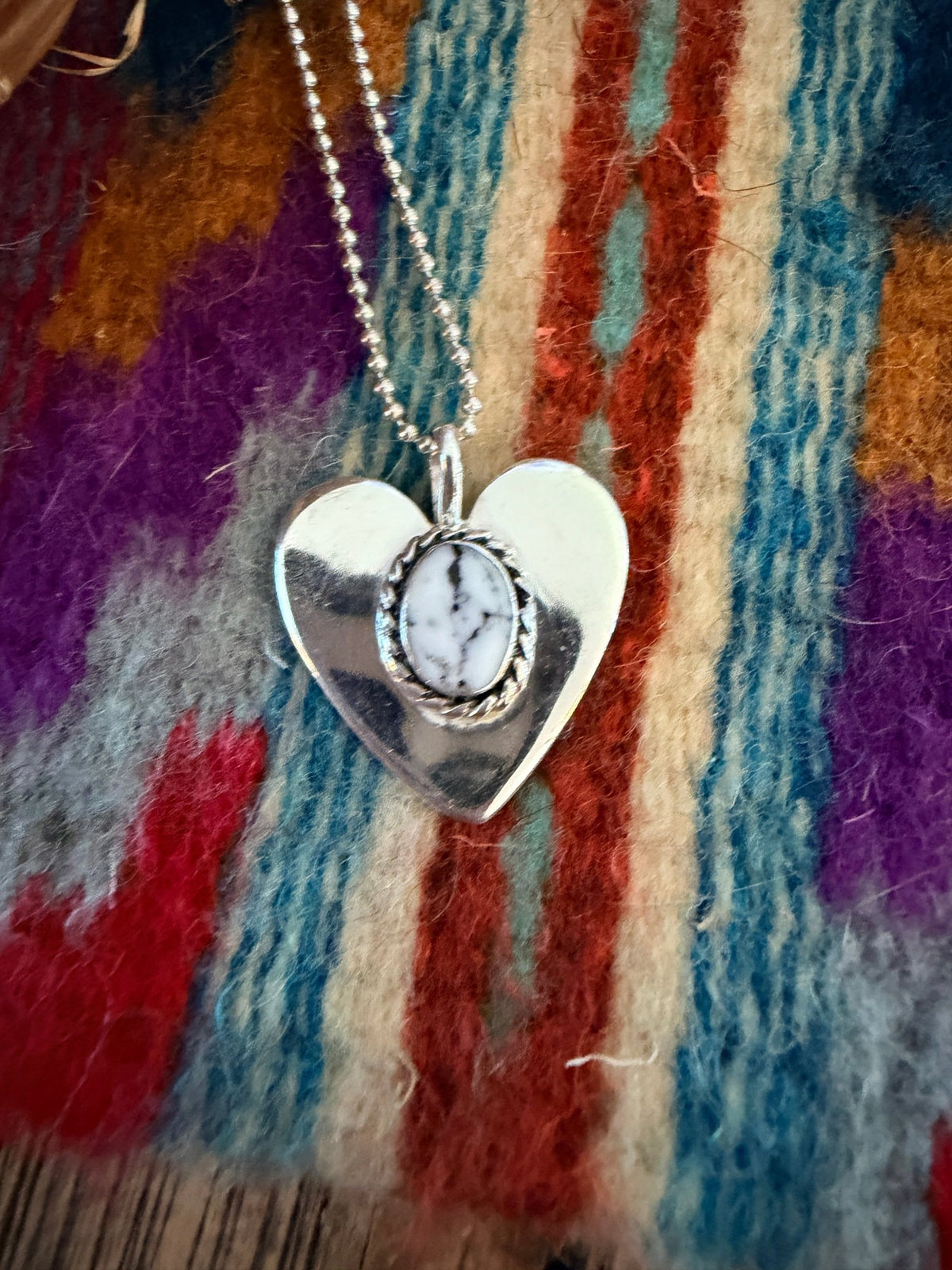 Handcrafted Sterling Silver & White Buffalo Heart Pendant by Joseph Martinez - Che Cose Belle