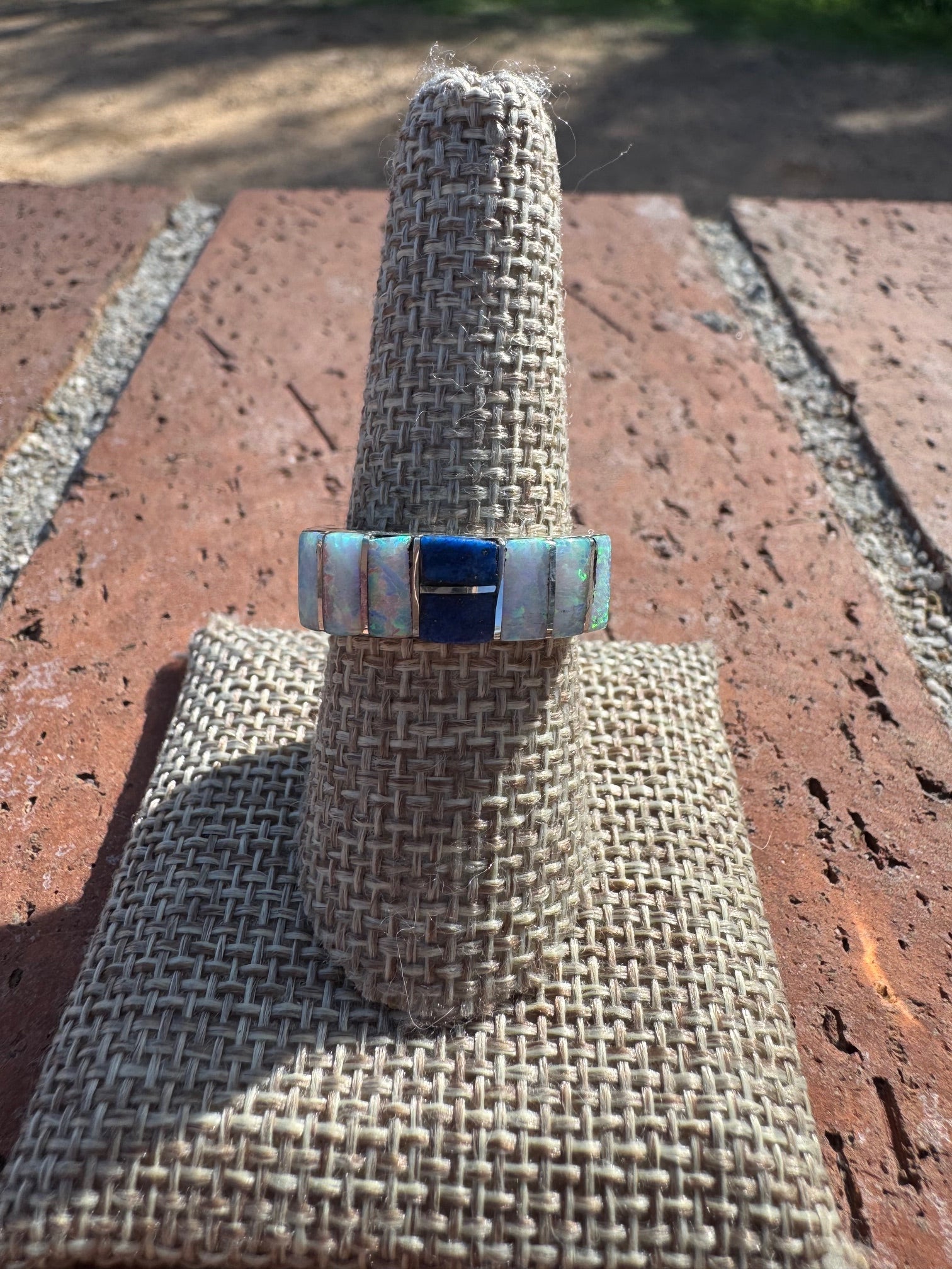 Handcrafted Sterling Silver & White Fire Opal with Lapis Inlay Band Ring - Che Cose Belle
