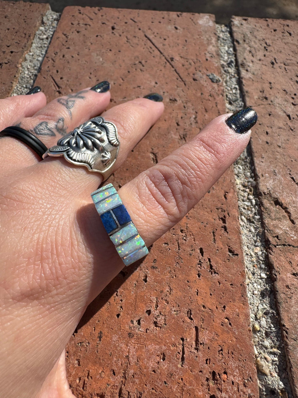 Handcrafted Sterling Silver & White Fire Opal with Lapis Inlay Band Ring - Che Cose Belle