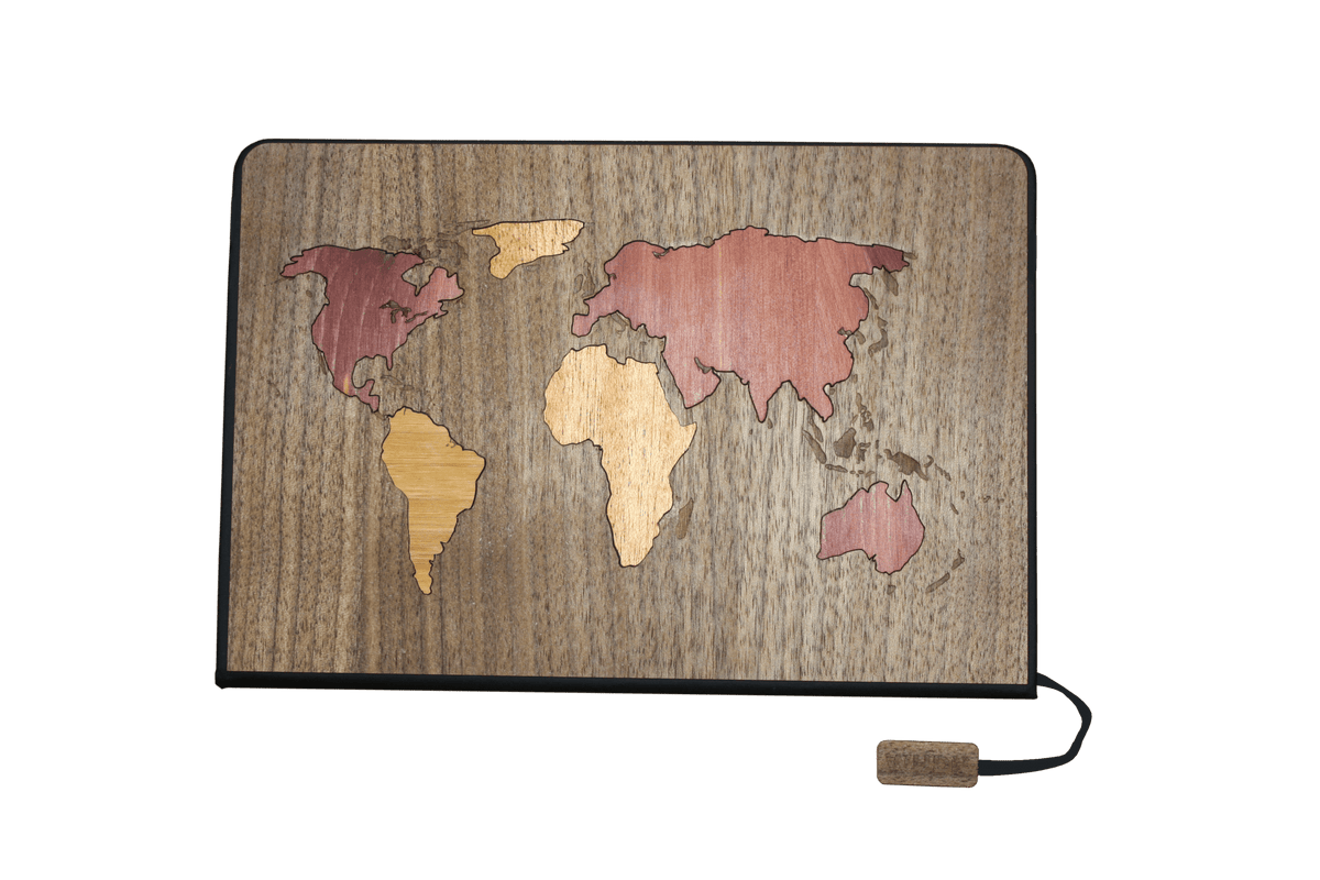 Handcrafted Wood Journal / Planner (World Map Inlay - Black Walnut) - Che Cose Belle