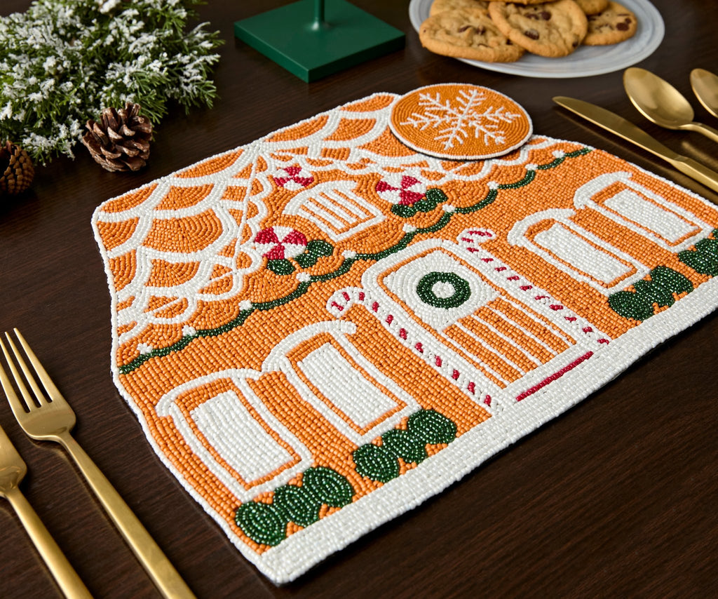 Handicraft Gingerbread House Beaded Placemat, Christmas decoration gift for her – Christmas Handmade Beaded Placemats for Dining - Che Cose Belle