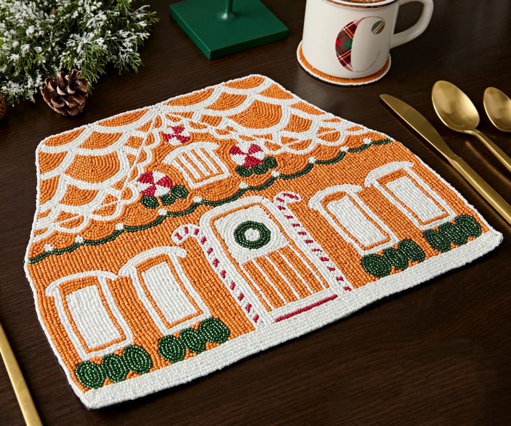 Handicraft Gingerbread House Beaded Placemat, Christmas decoration gift for her – Christmas Handmade Beaded Placemats for Dining - Che Cose Belle