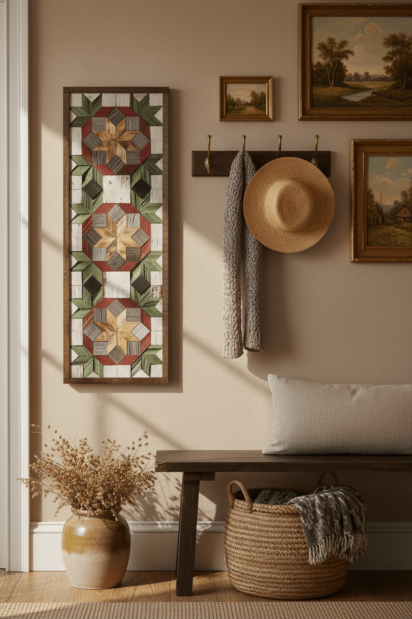 Handmade Amish Barn Quilt Banner Wall Art – 10.5in x 30in Reclaimed Wood Mosaic - Che Cose Belle