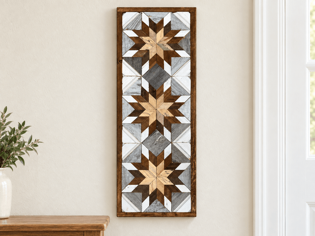 Handmade Amish Barn Quilt Banner Wall Art – 10.5in x 30in Reclaimed Wood Mosaic - Che Cose Belle