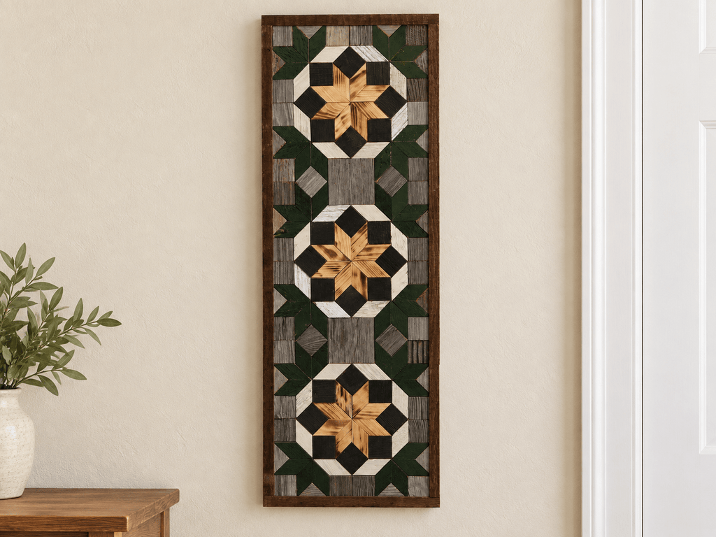 Handmade Amish Barn Quilt Banner Wall Art – 10.5in x 30in Reclaimed Wood Mosaic - Che Cose Belle