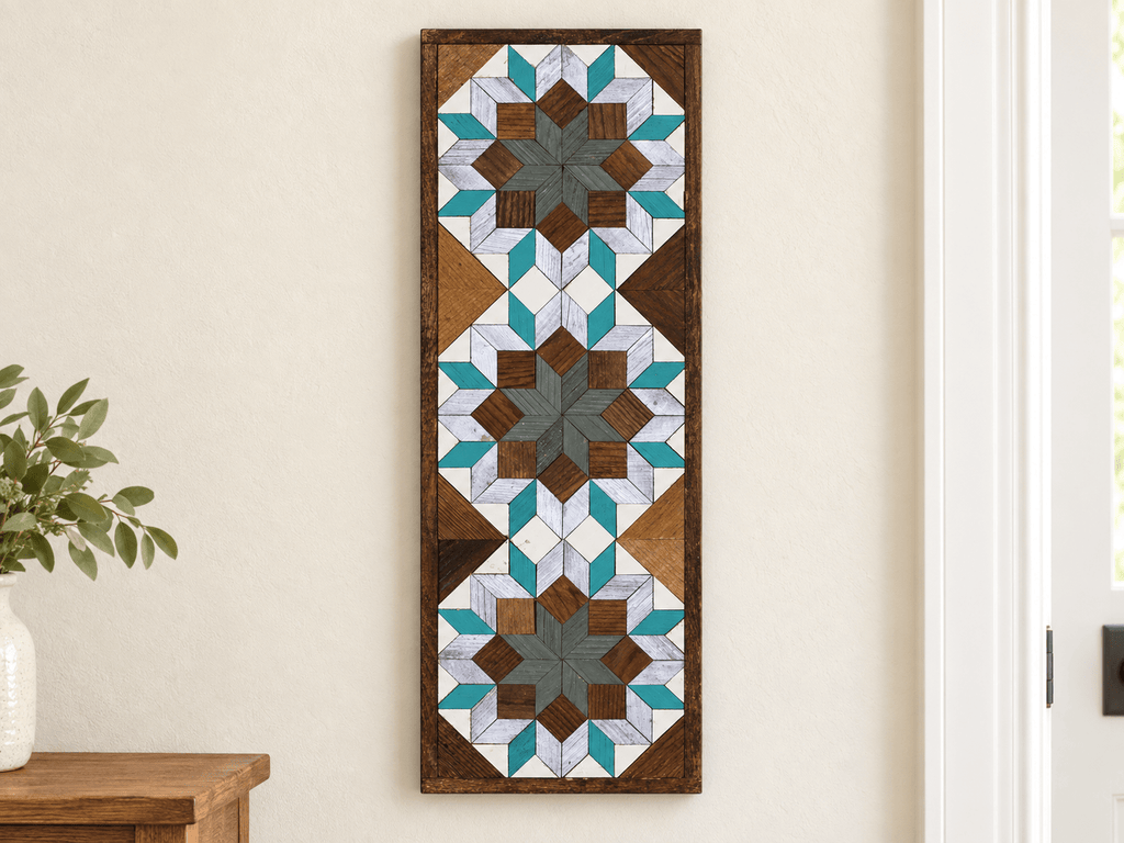 Handmade Amish Barn Quilt Banner Wall Art – 10.5in x 30in Reclaimed Wood Mosaic - Che Cose Belle