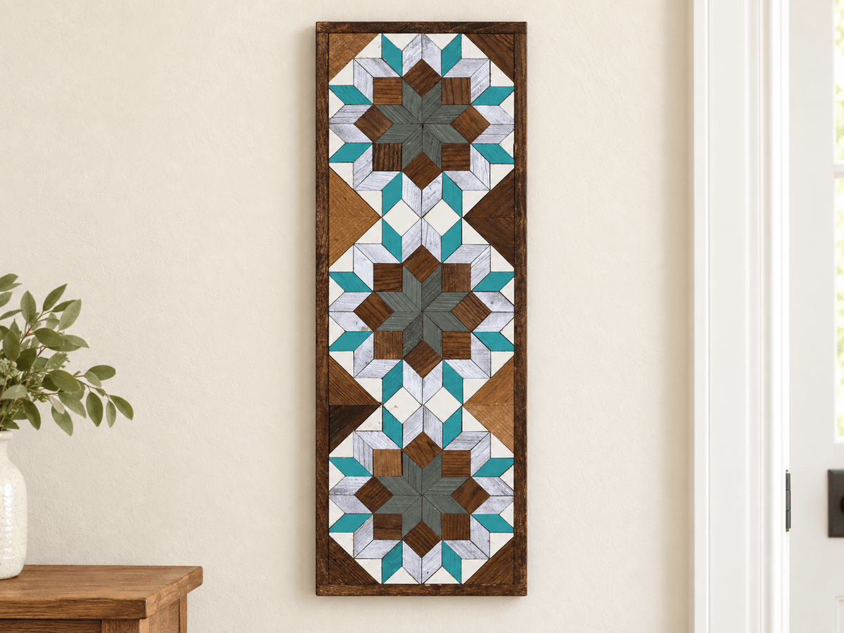 Handmade Amish Barn Quilt Banner Wall Art – 10.5in x 30in Reclaimed Wood Mosaic - Che Cose Belle