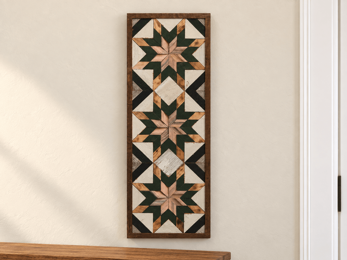 Handmade Amish Barn Quilt Banner Wall Art – 10.5in x 30in Reclaimed Wood Mosaic - Che Cose Belle