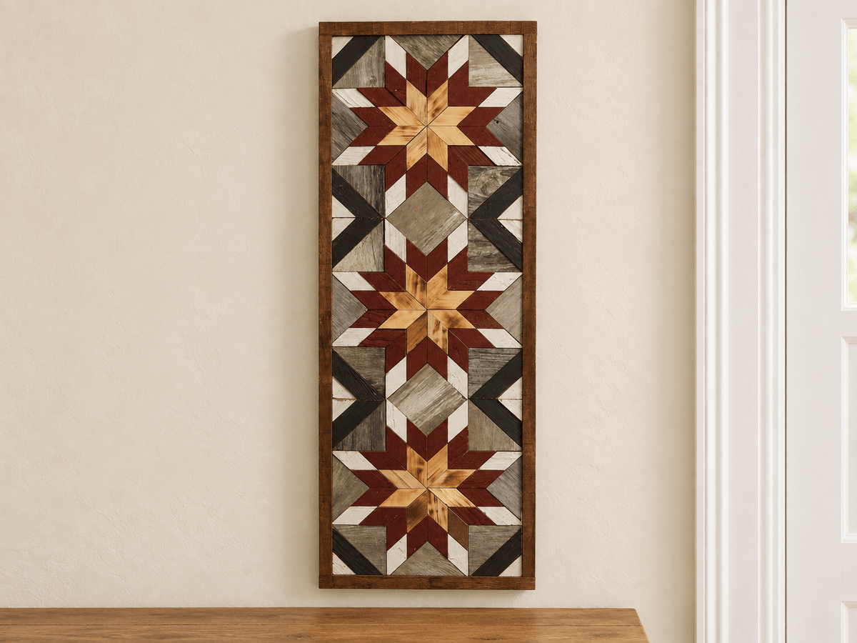 Handmade Amish Barn Quilt Banner Wall Art – 10.5in x 30in Reclaimed Wood Mosaic - Che Cose Belle