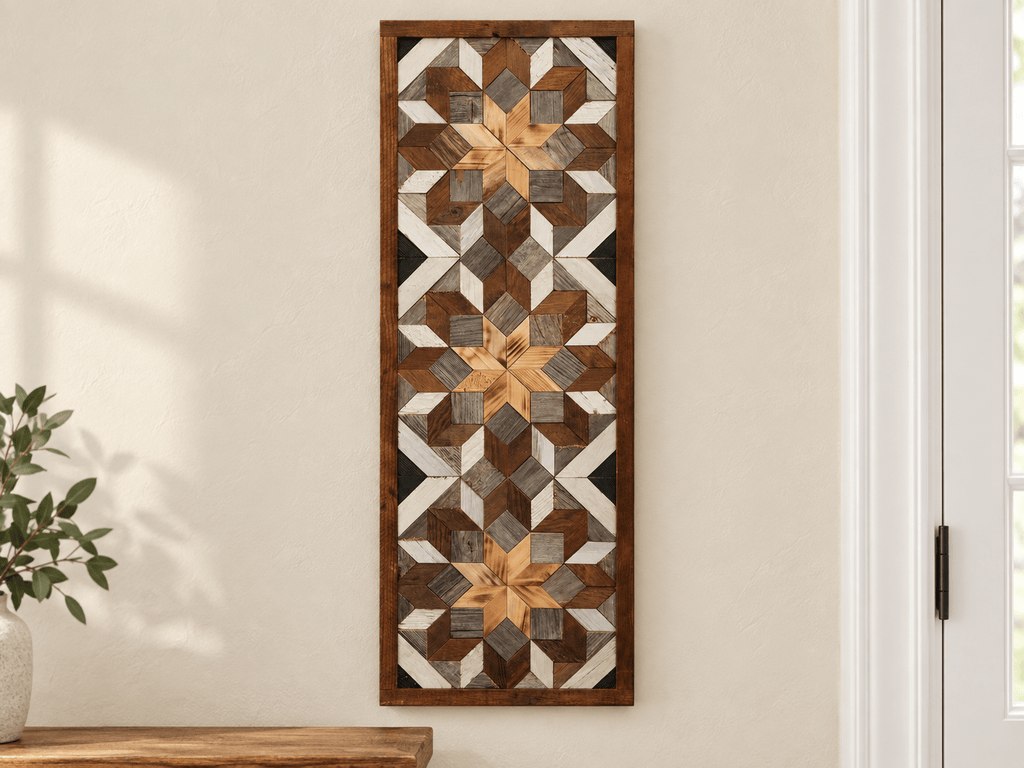 Handmade Amish Barn Quilt Banner Wall Art – 10.5in x 30in Reclaimed Wood Mosaic - Che Cose Belle