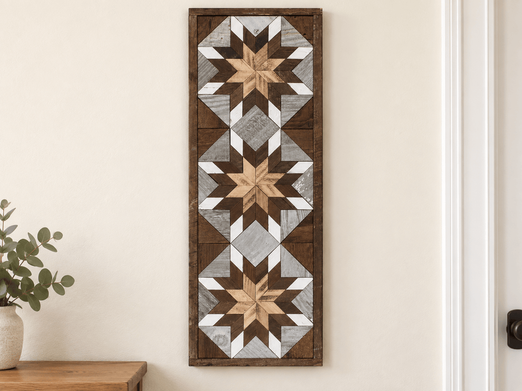 Handmade Amish Barn Quilt Banner Wall Art – 10.5in x 30in Reclaimed Wood Mosaic - Che Cose Belle