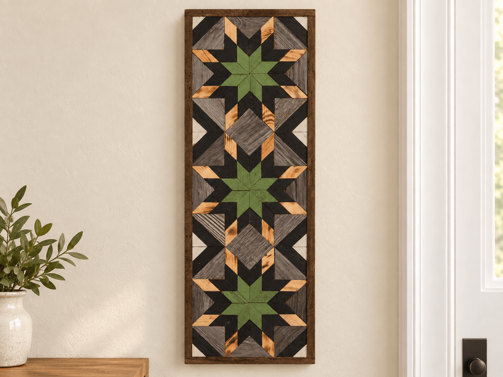 Handmade Amish Barn Quilt Banner Wall Art – 10.5in x 30in Reclaimed Wood Mosaic - Che Cose Belle