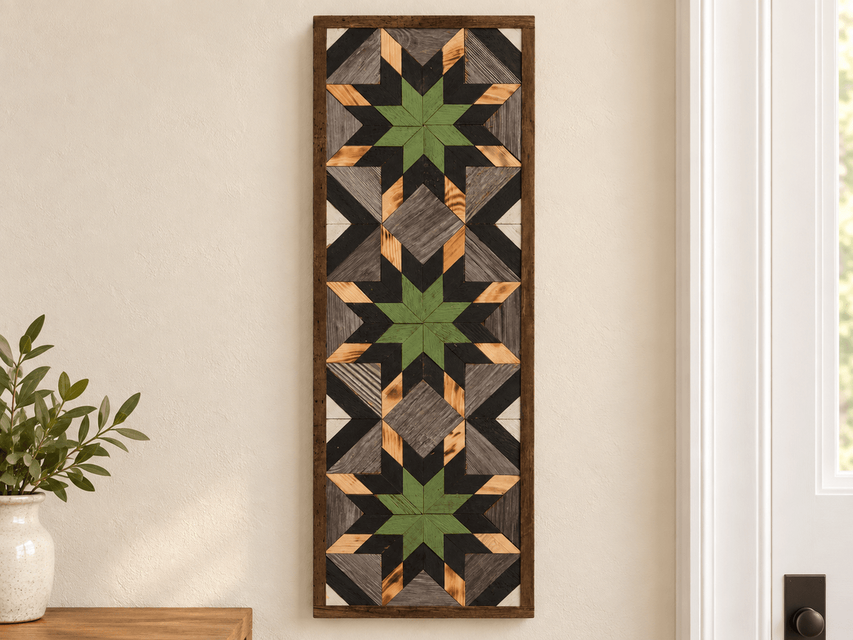 Handmade Amish Barn Quilt Banner Wall Art – 10.5in x 30in Reclaimed Wood Mosaic - Che Cose Belle