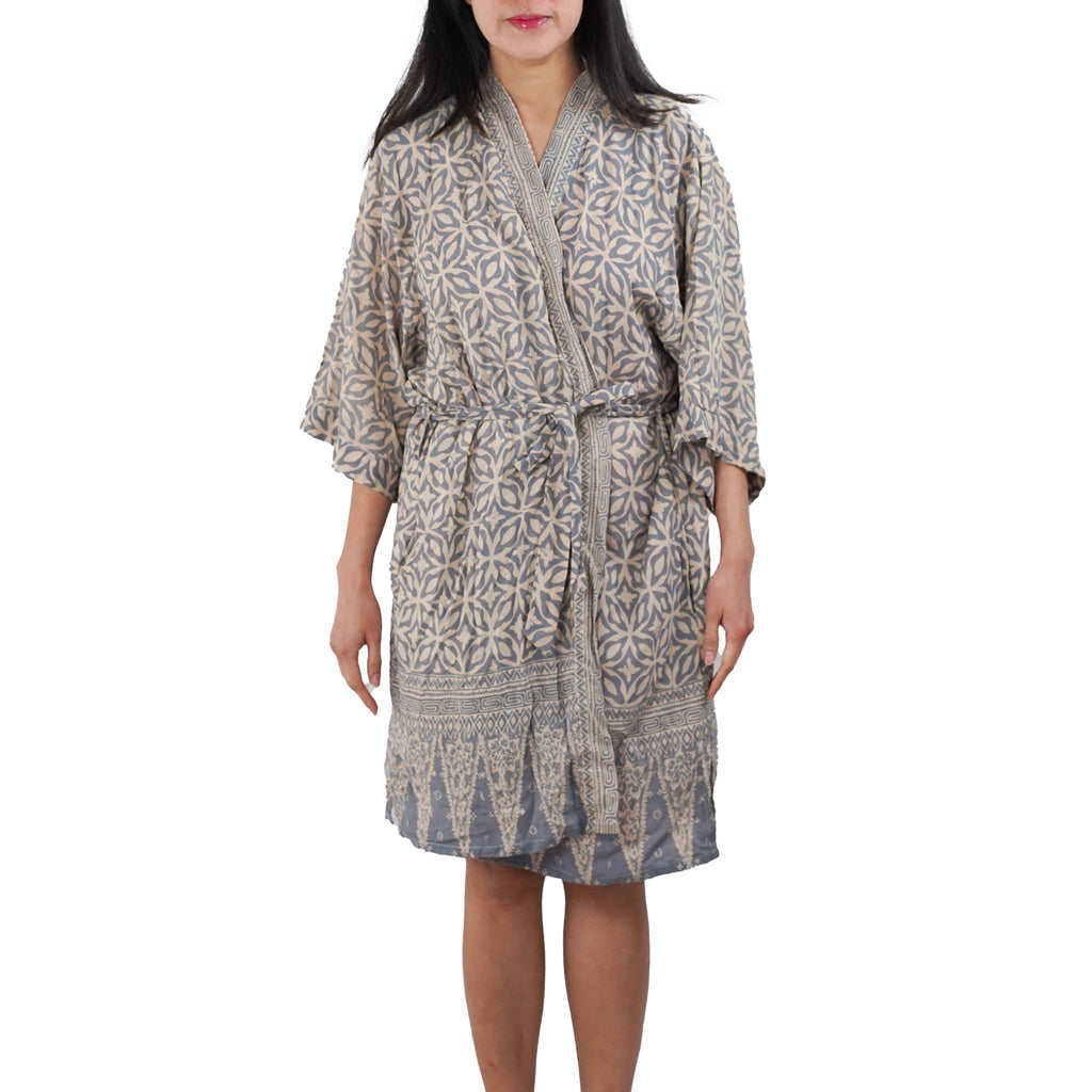 Handmade Batik Robe Kimono, 100% Cotton Soft, Gray White Harmony - Che Cose Belle